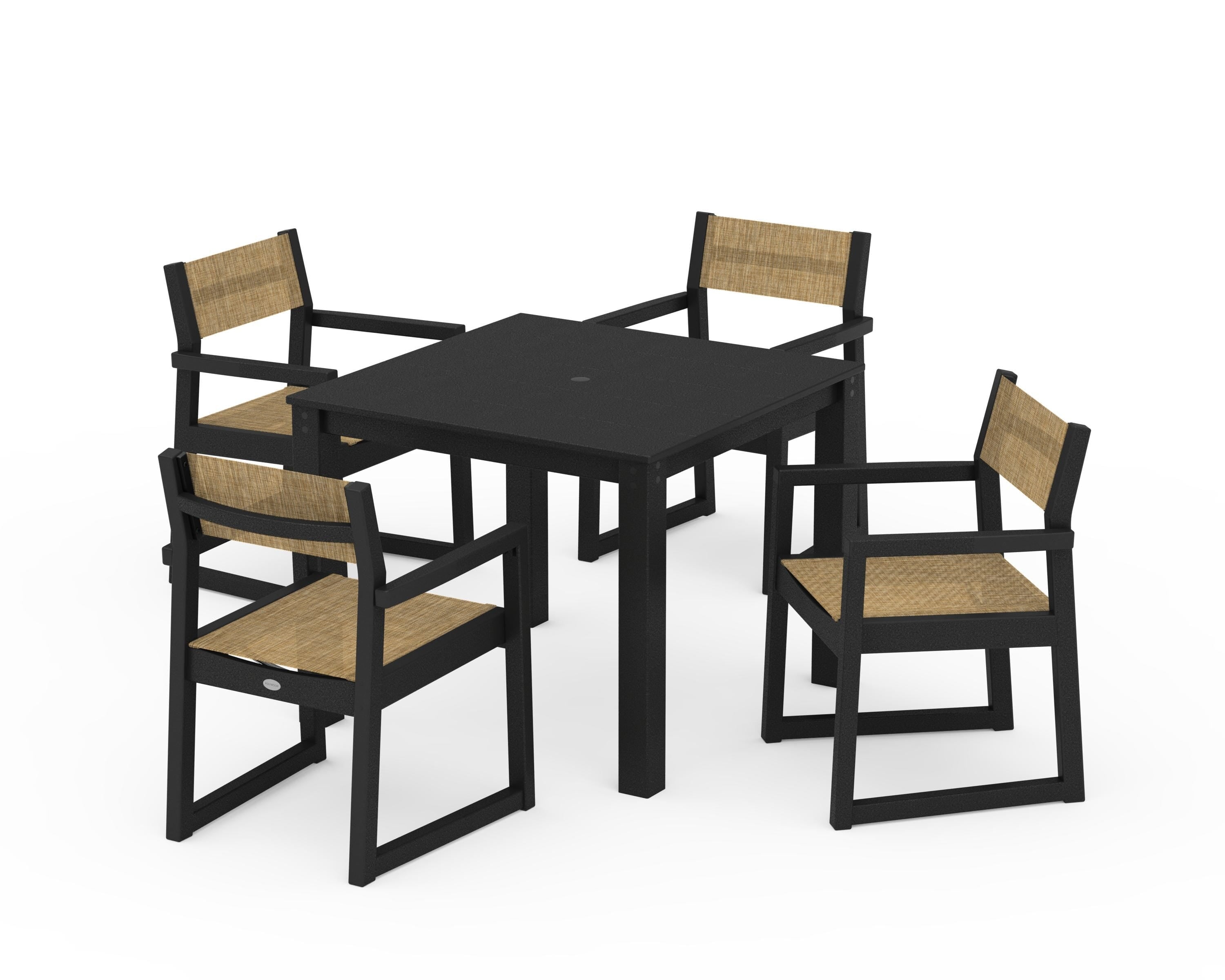 POLYWOOD EDGE Sling Arm Chair 5-Piece Parsons Dining Set in Black / Burlap Sling