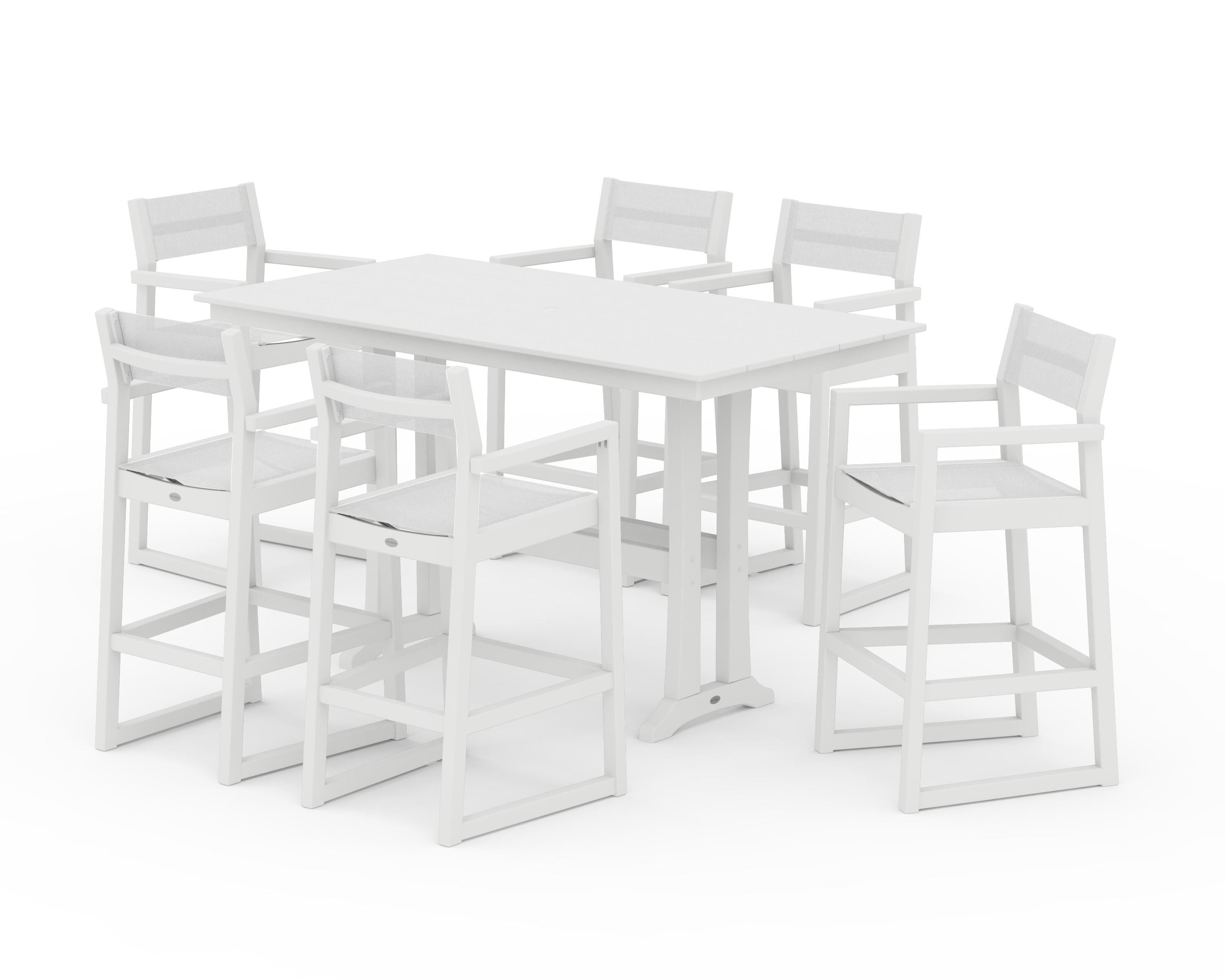 POLYWOOD EDGE Sling Arm Chair 7-Piece Farmhouse Bar Set with Trestle Legs in White / White Sling