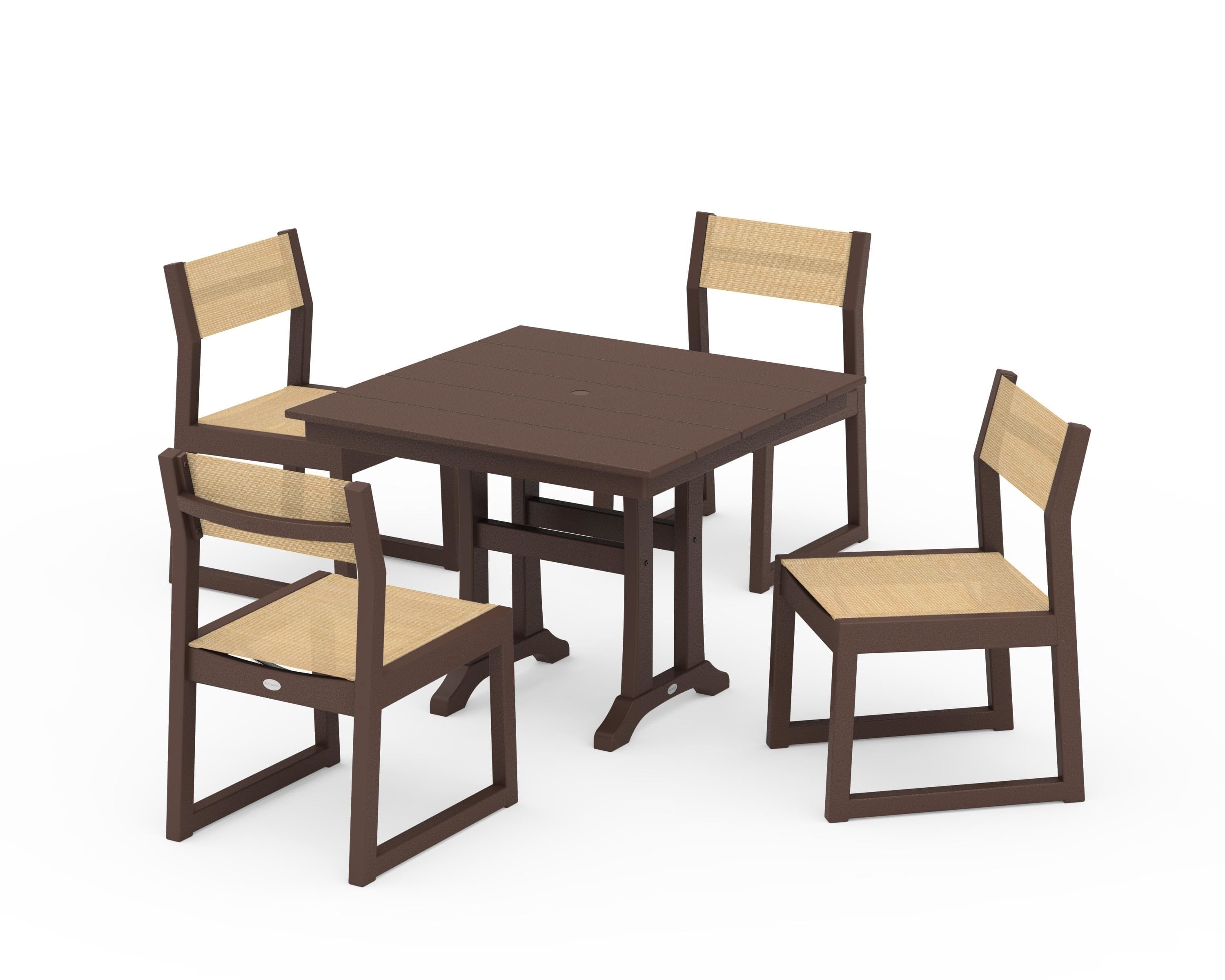 POLYWOOD EDGE Sling 5-Piece Farmhouse Trestle Side Chair Dining Set in Mahogany / Dupioni Apricot Sling