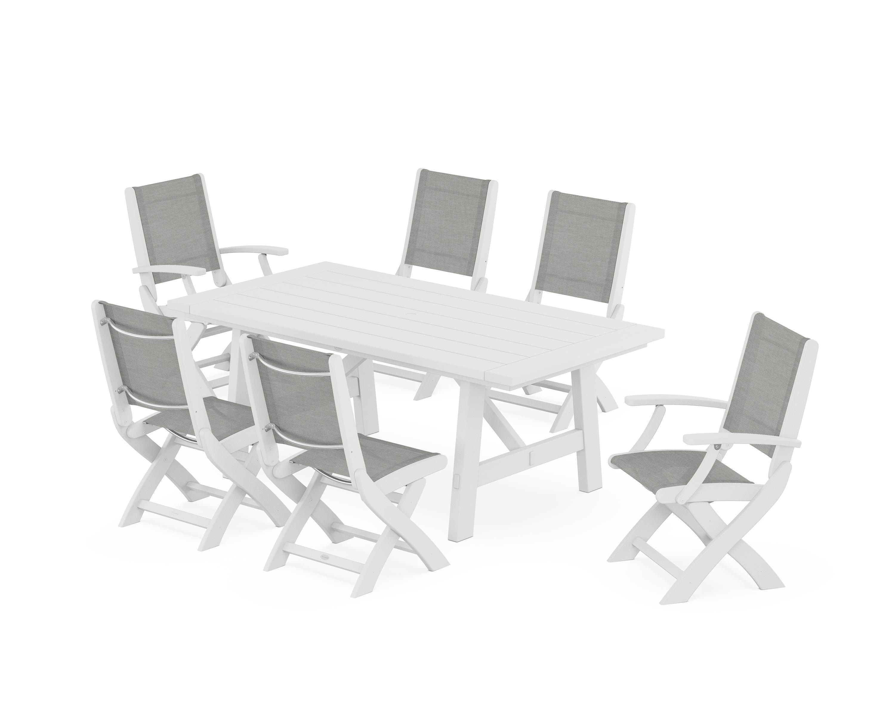 POLYWOOD Coastal Folding Chair 7-Piece Rustic Farmhouse Dining Set in White / Metallic Sling