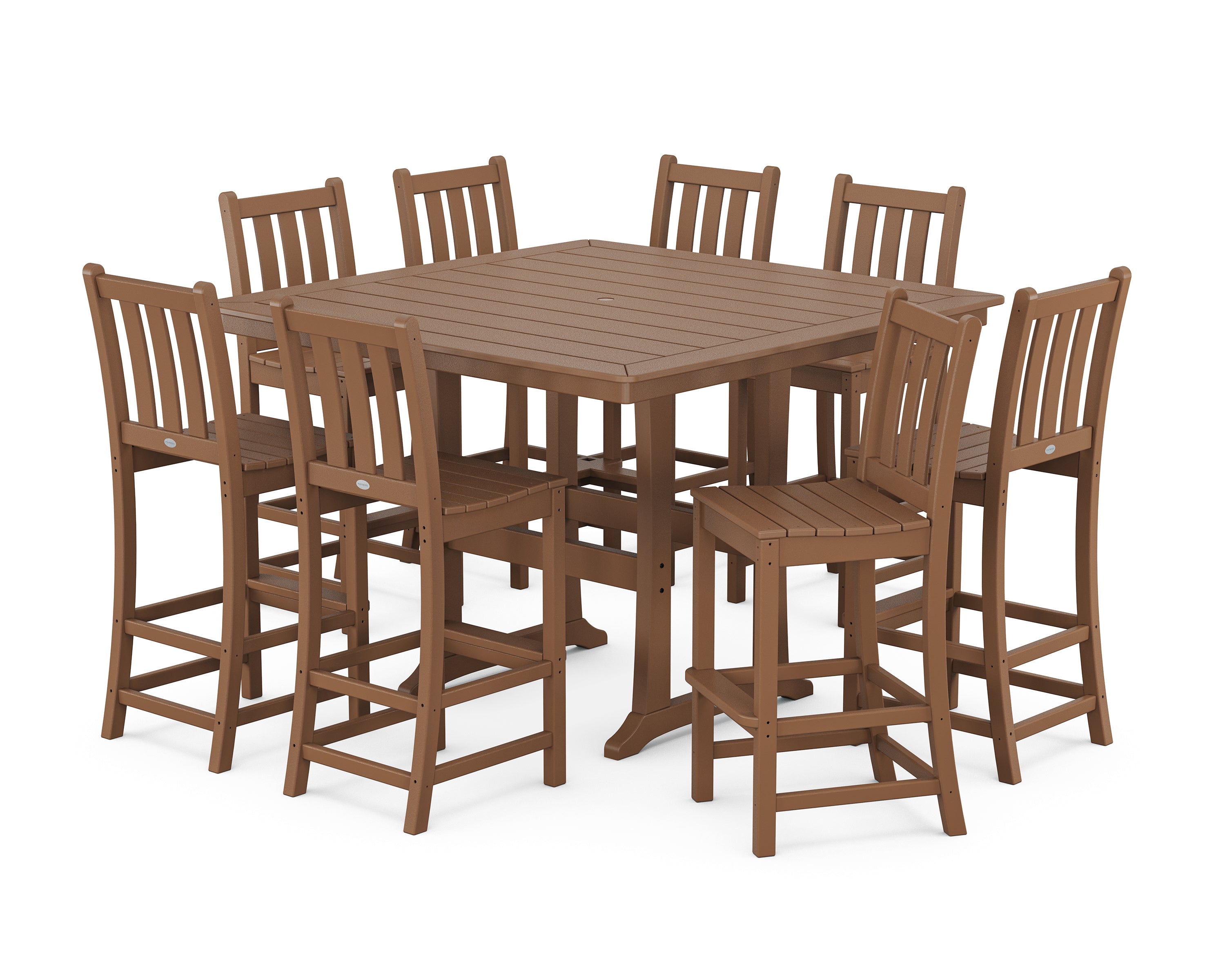 POLYWOOD Traditional Garden 9-Piece Nautical Trestle Bar Set in Teak
