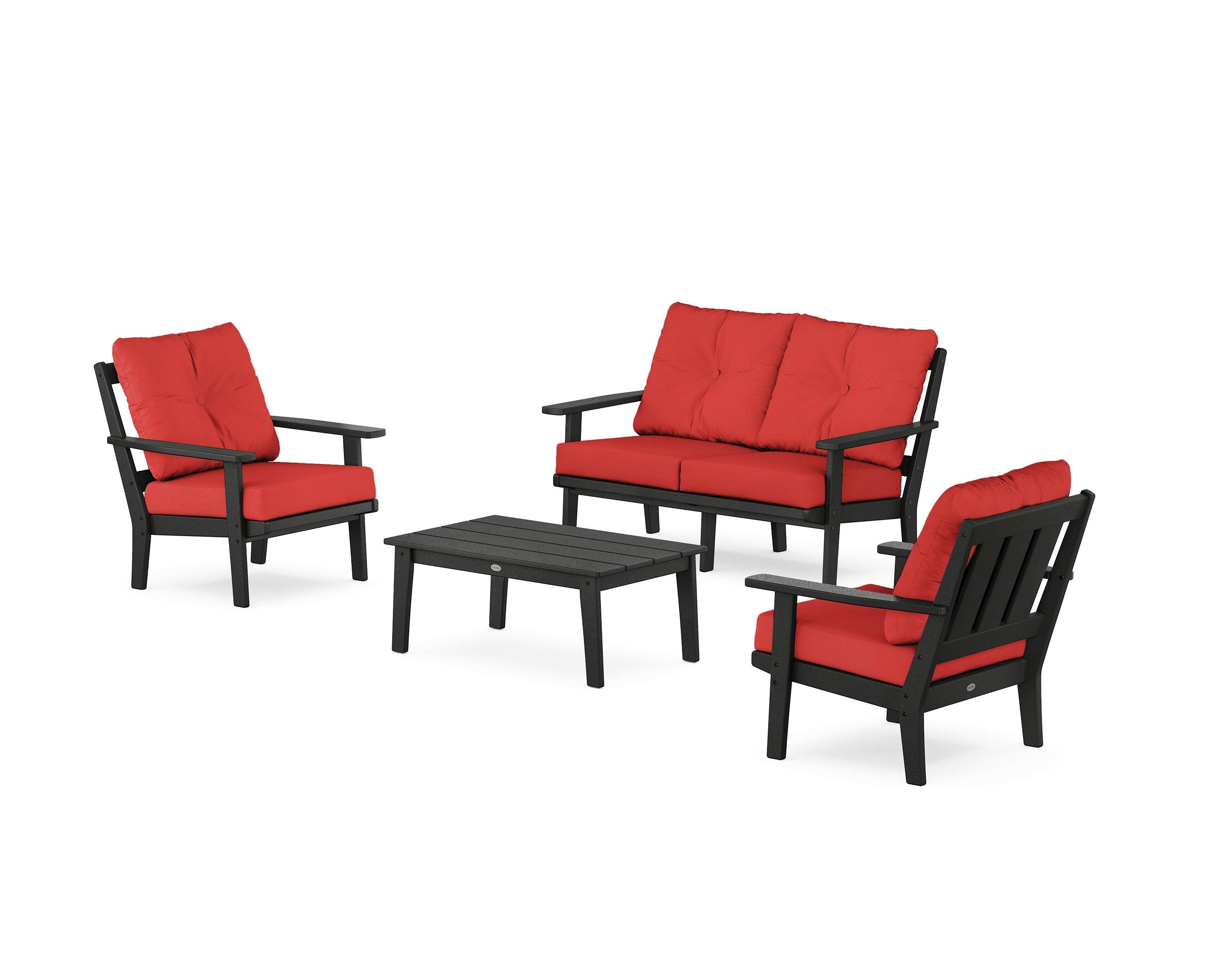 POLYWOOD Oxford 4-Piece Deep Seating Set with Loveseat in Black / Crimson Linen