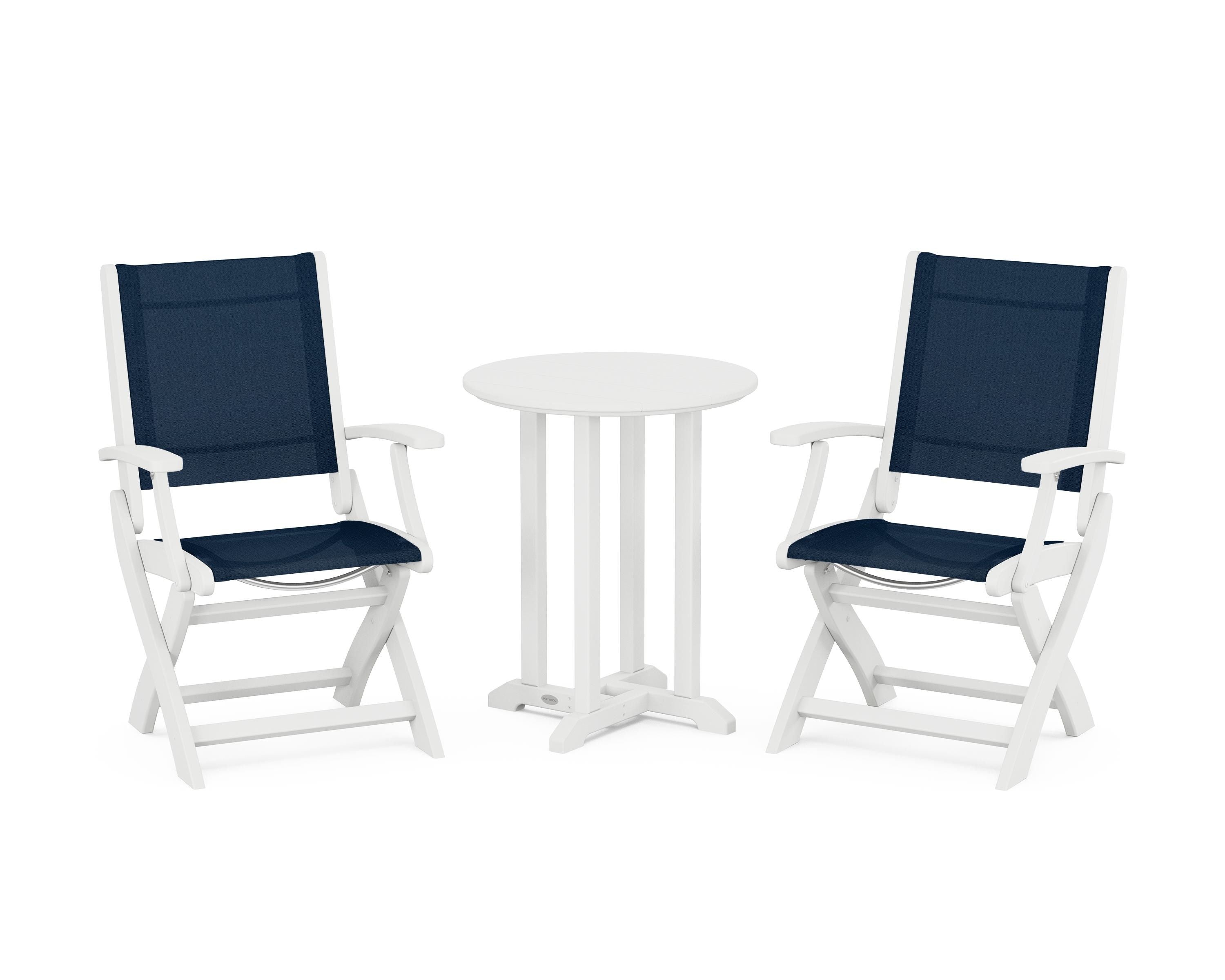 POLYWOOD Coastal Folding 3-Piece Round Bistro Dining Set in White / Navy Blue Sling