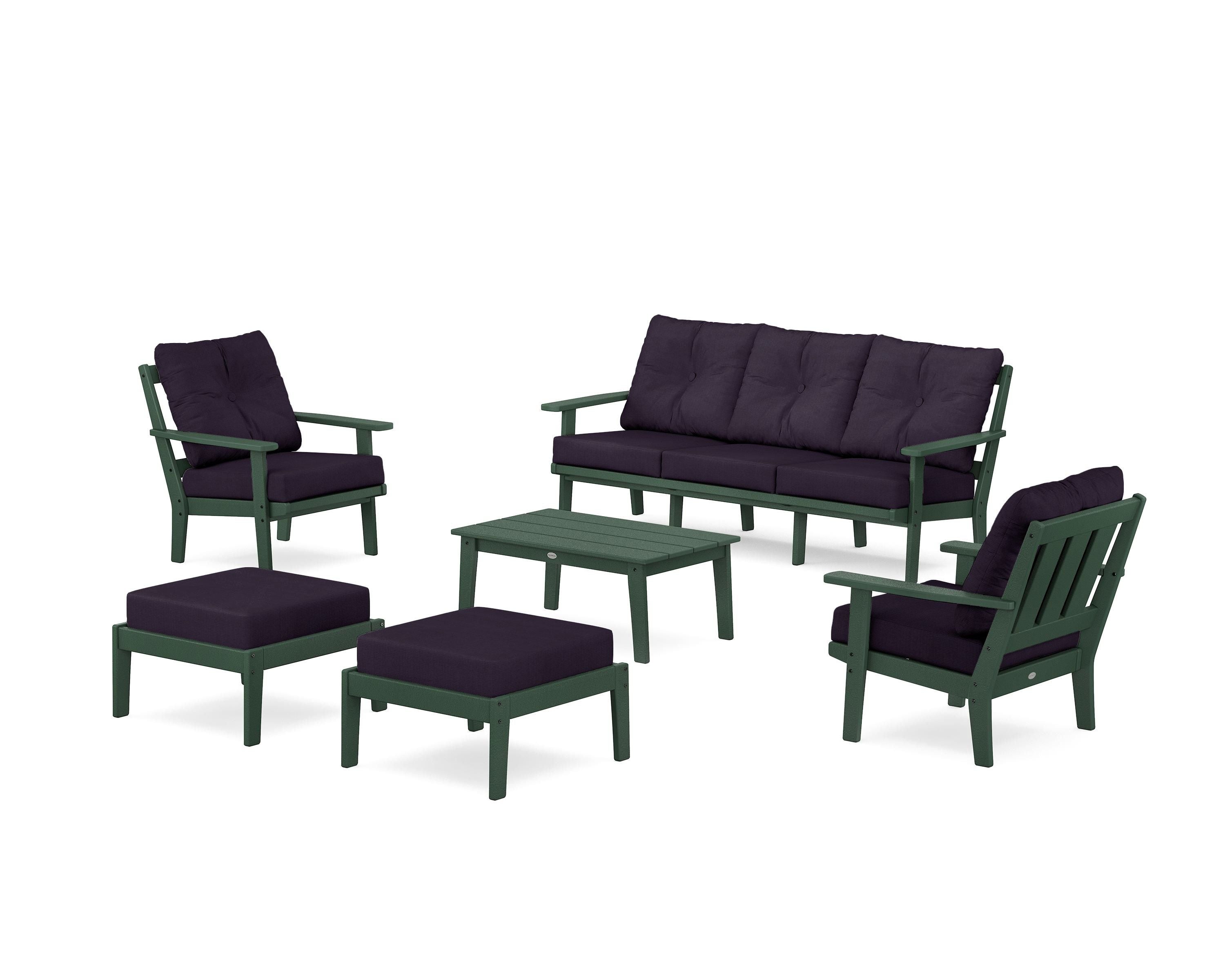 POLYWOOD Oxford 6-Piece Lounge Sofa Set in Green / Navy Linen