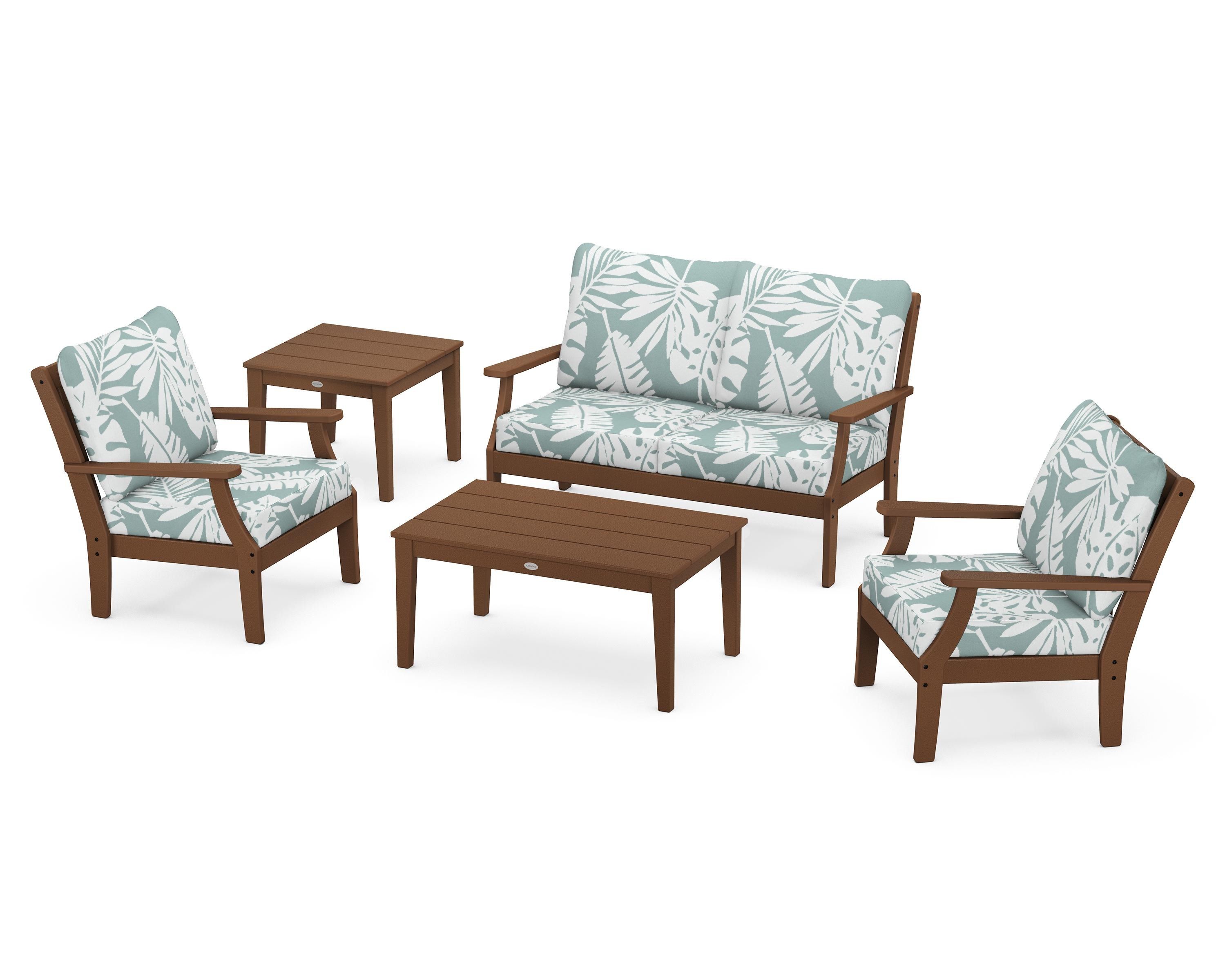 POLYWOOD Braxton 5-Piece Deep Seating Set in Teak / Leaf Glacier Spa