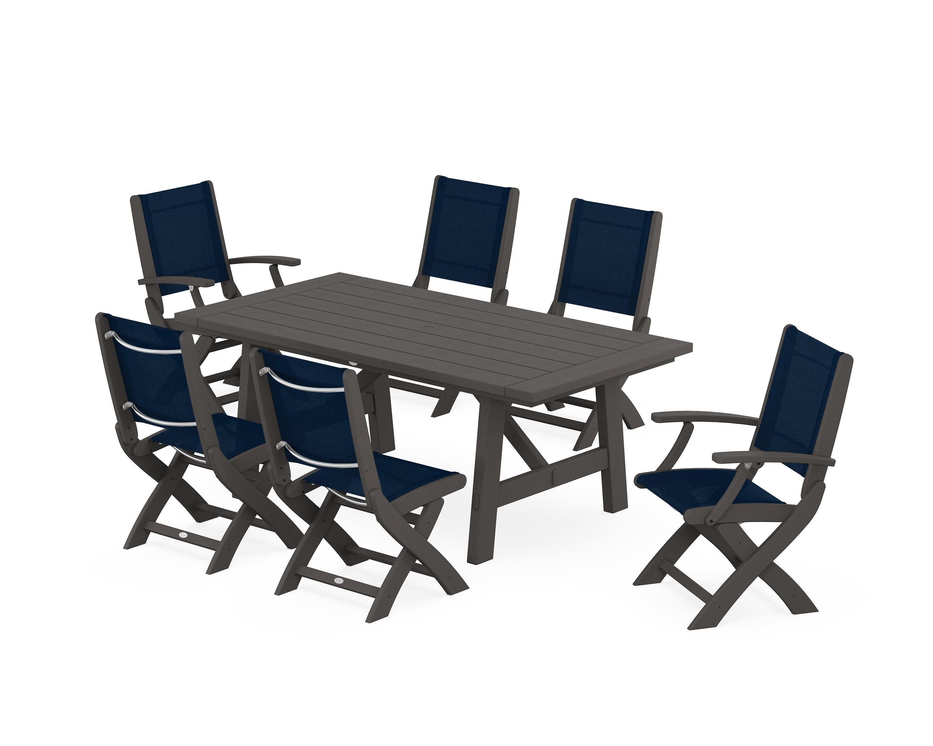 POLYWOOD Coastal Folding Chair 7-Piece Rustic Farmhouse Dining Set in Vintage Coffee / Navy Blue Sling