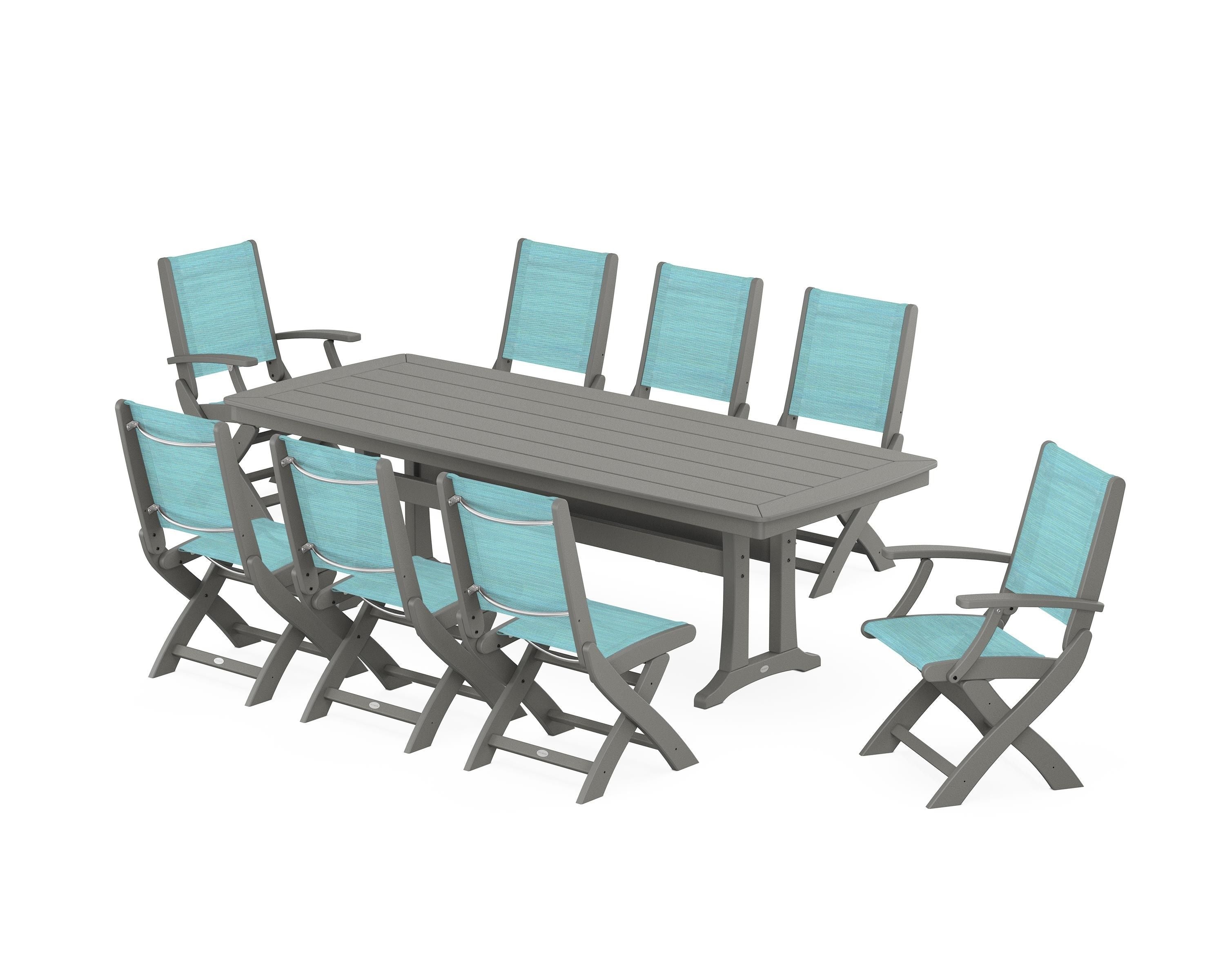 POLYWOOD Coastal Folding 9-Piece Dining Set with Trestle Legs in Slate Grey / Dupioni Aquamarine Sling