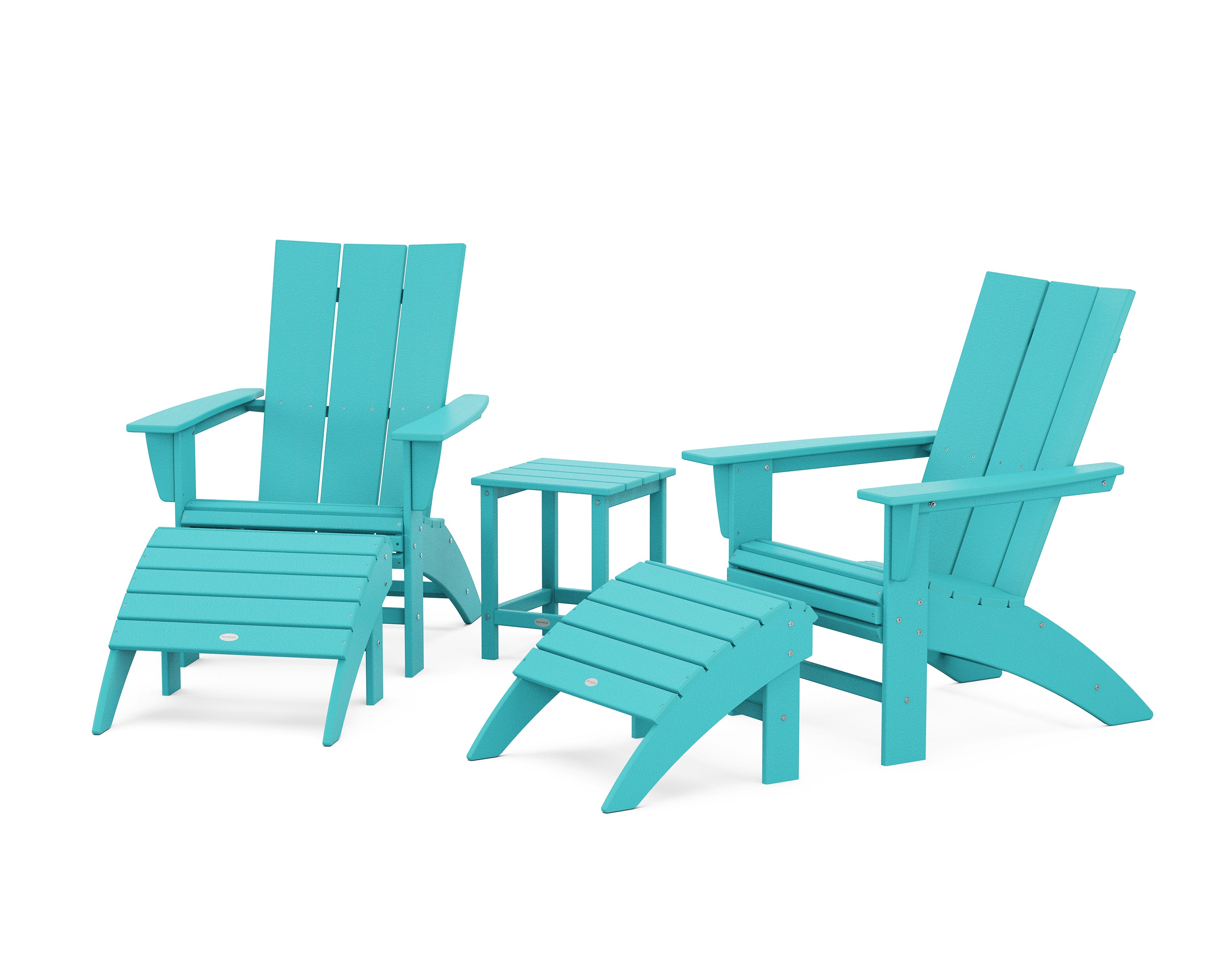 POLYWOOD® Modern Curveback Adirondack Chair 5-Piece Set with Ottomans and 18" Side Table in Aruba