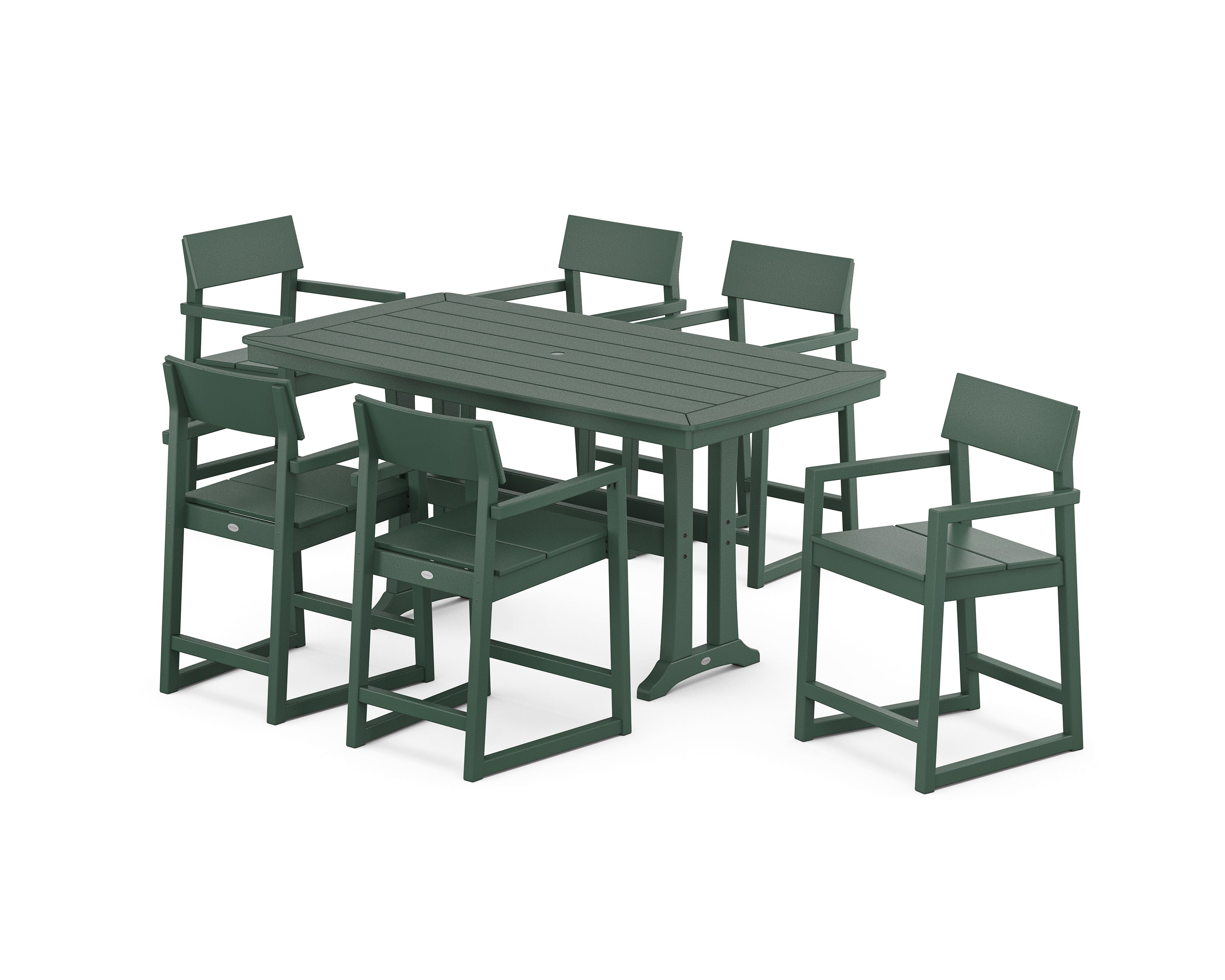 POLYWOOD EDGE Arm Chair 7-Piece Counter Set with Trestle Legs in Green