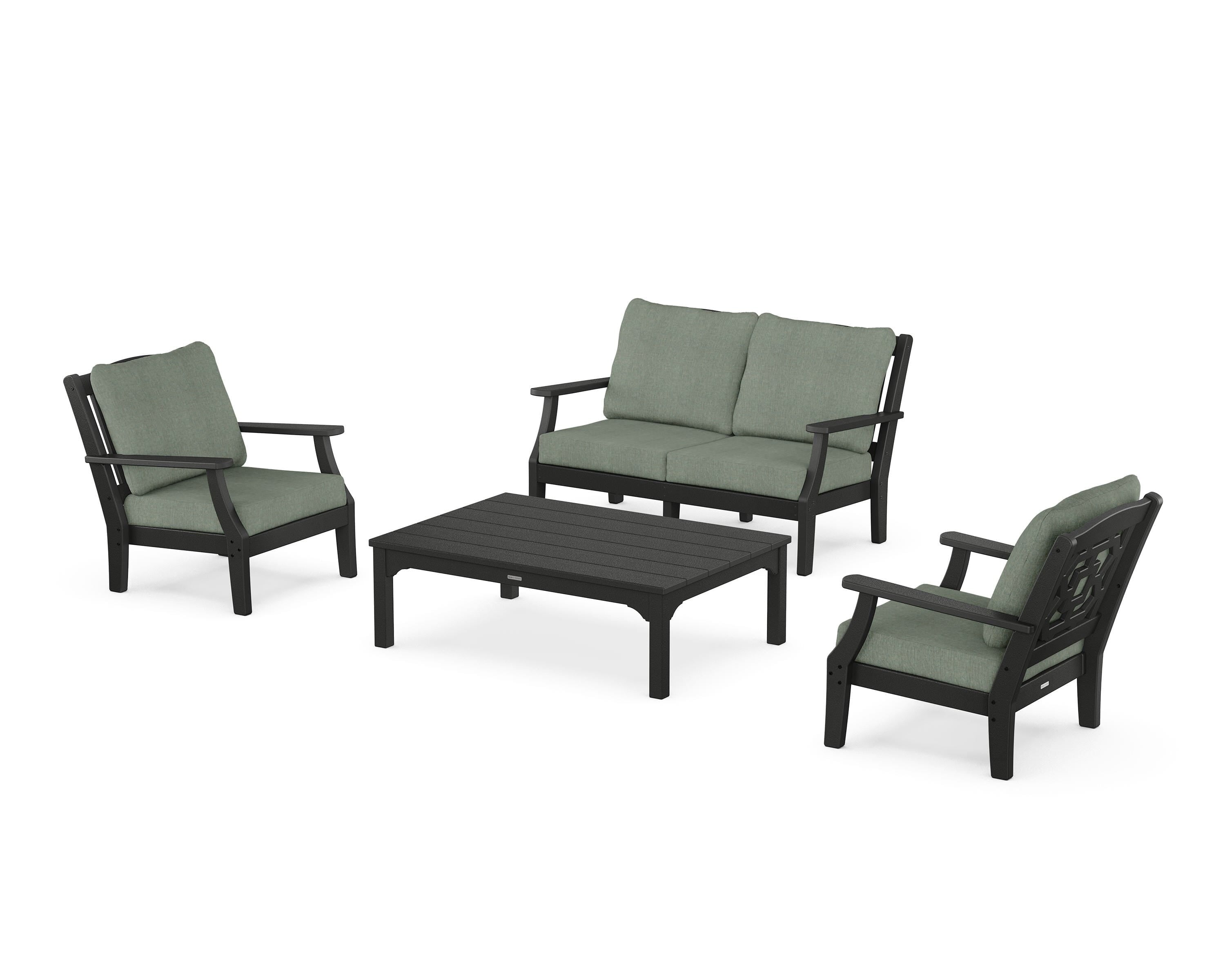 Martha Stewart by POLYWOOD Chinoiserie 4-Piece Deep Seating Set with Loveseat in Black / Cast Sage