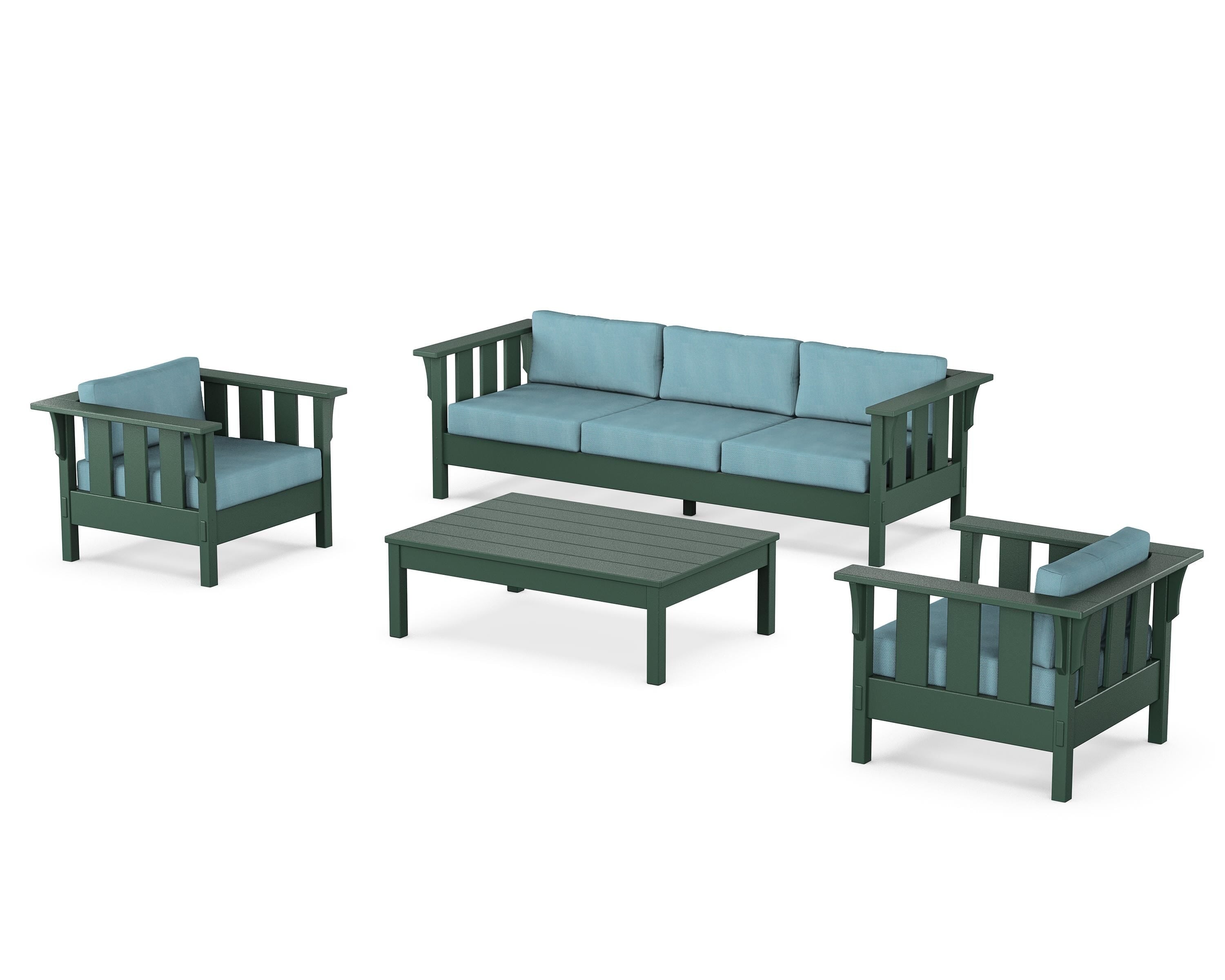 Martha Stewart by POLYWOOD Acadia 4-Piece Deep Seating Set with Sofa in Green / Lattice Sky Blue