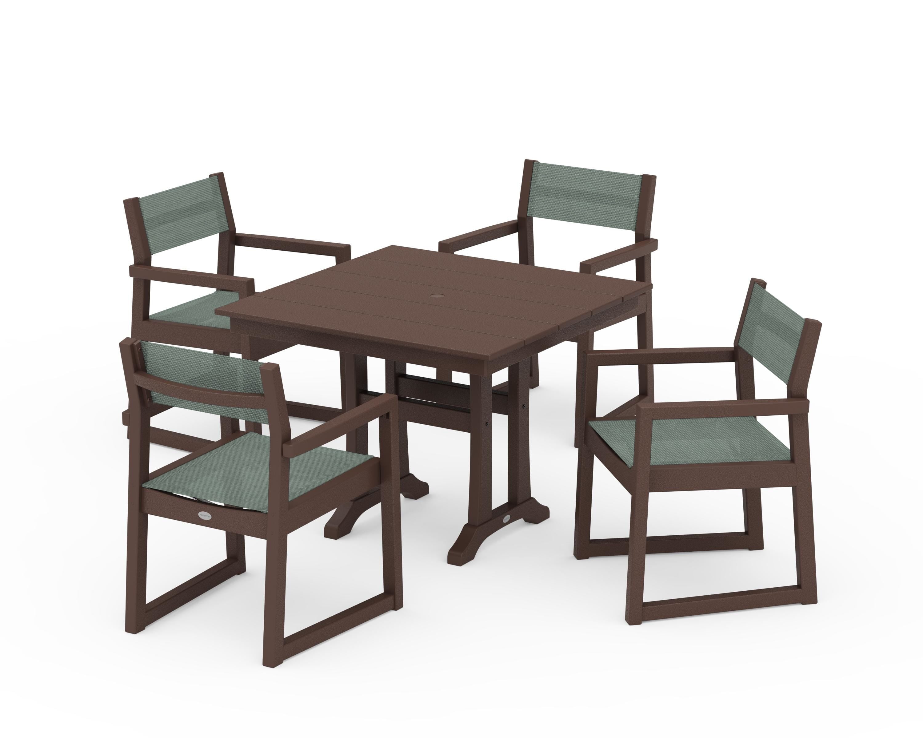 POLYWOOD EDGE Sling 5-Piece Farmhouse Dining Set with Trestle Legs in Mahogany / Dupioni Sea Mist Sling