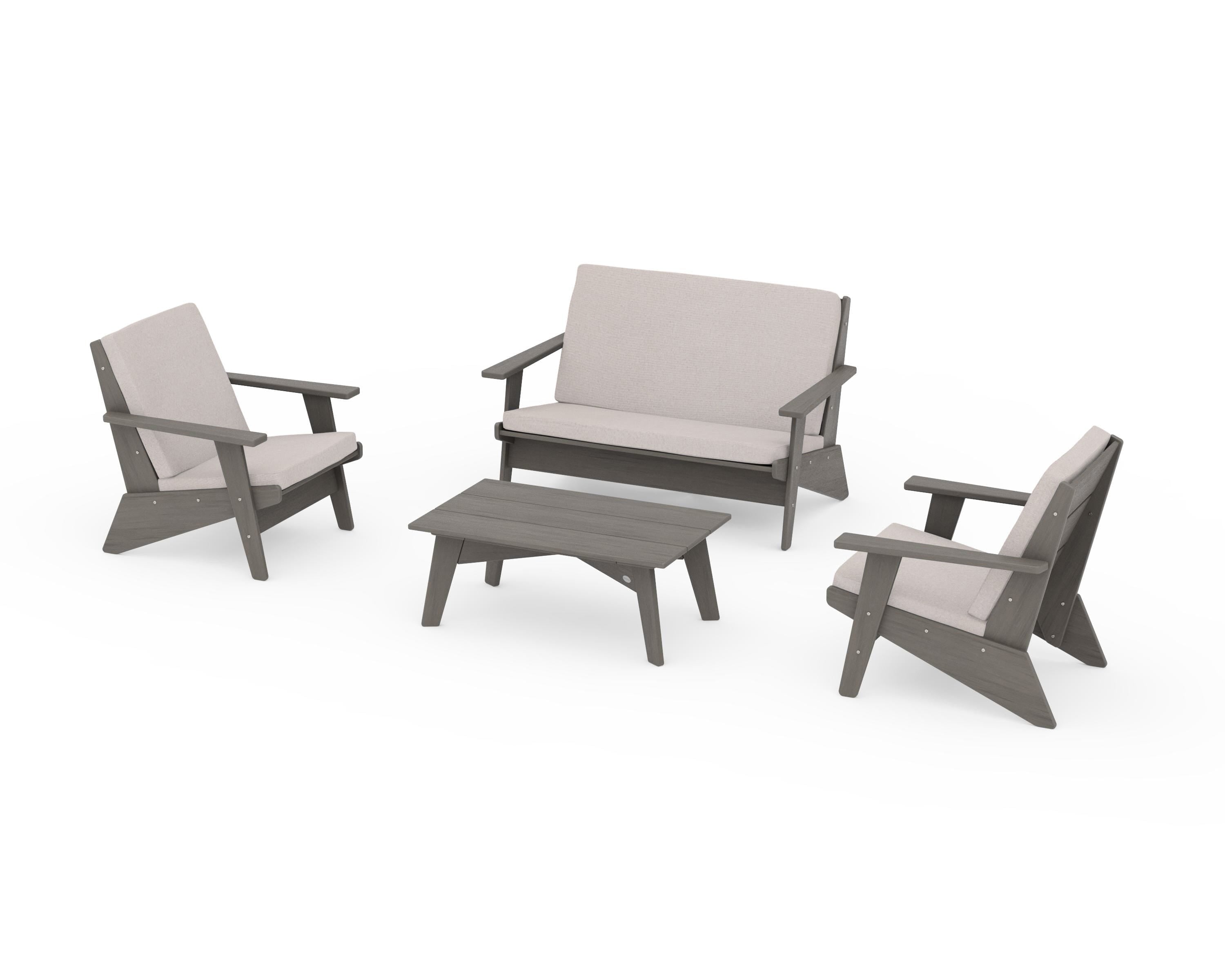 POLYWOOD Riviera Modern Lounge 4-Piece Set in Driftwood / Dune Burlap