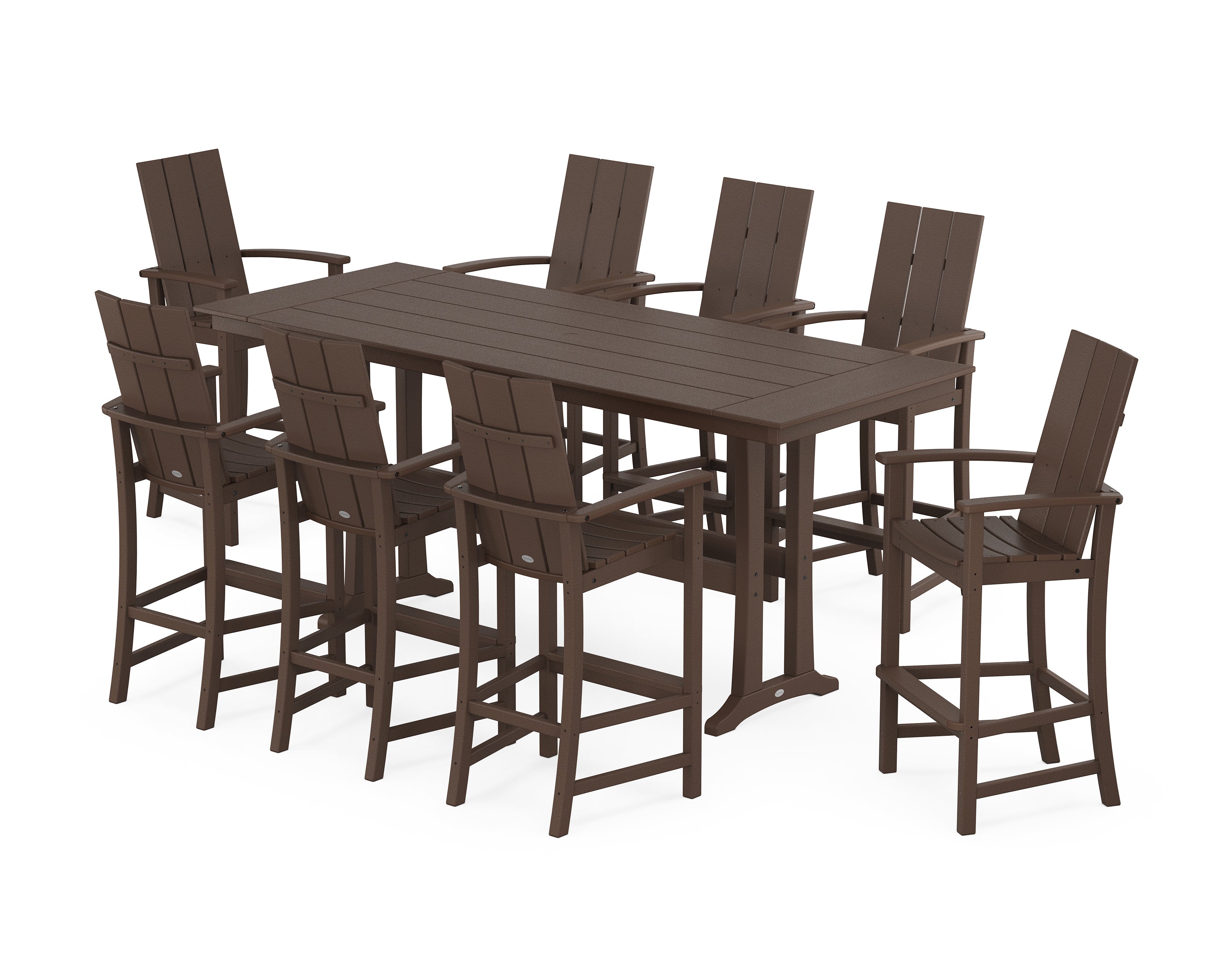 POLYWOOD® Modern Adirondack 9-Piece Farmhouse Bar Set with Trestle Legs in Mahogany