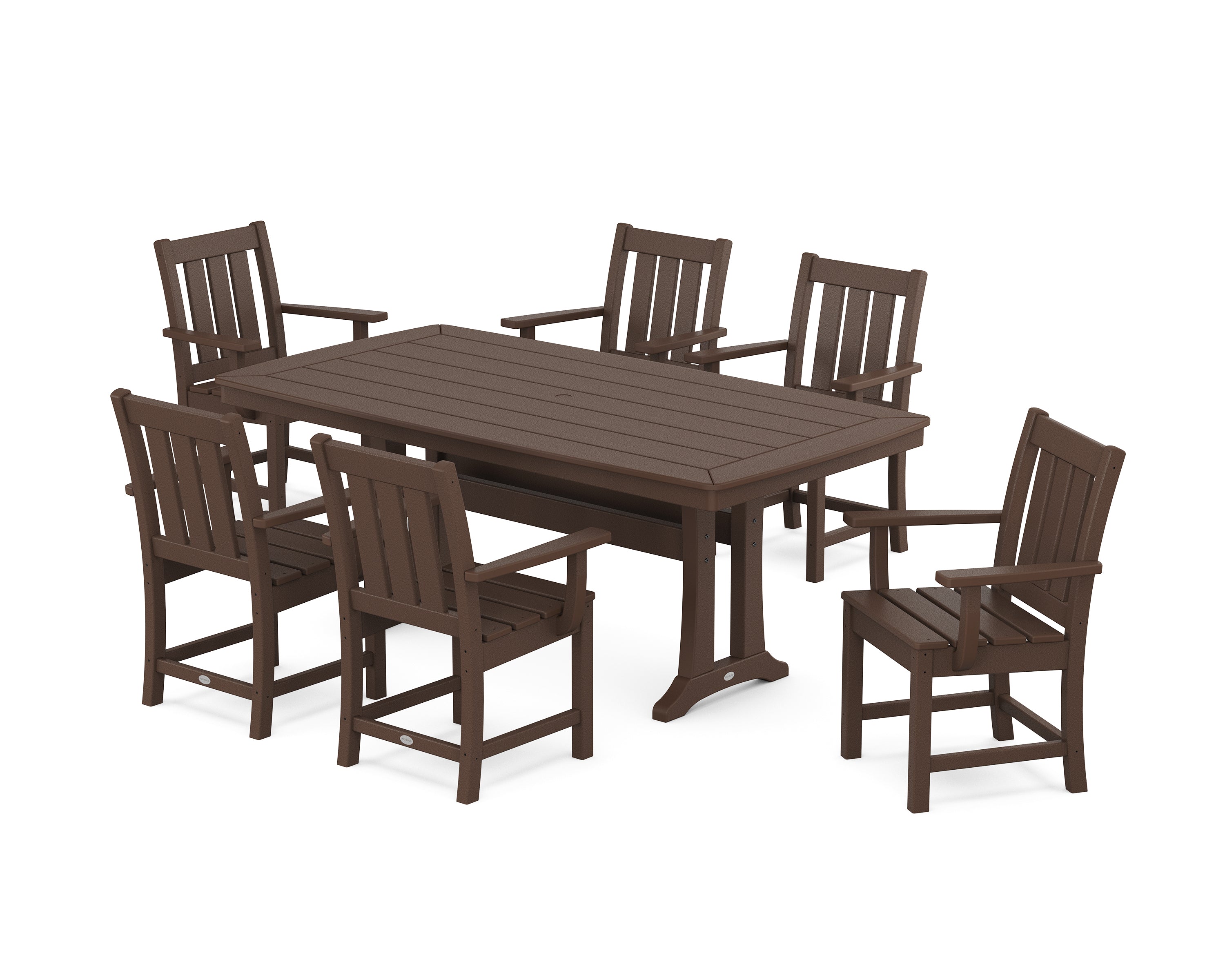 POLYWOOD Oxford Arm Chair 7-Piece Dining Set with Trestle Legs in Mahogany