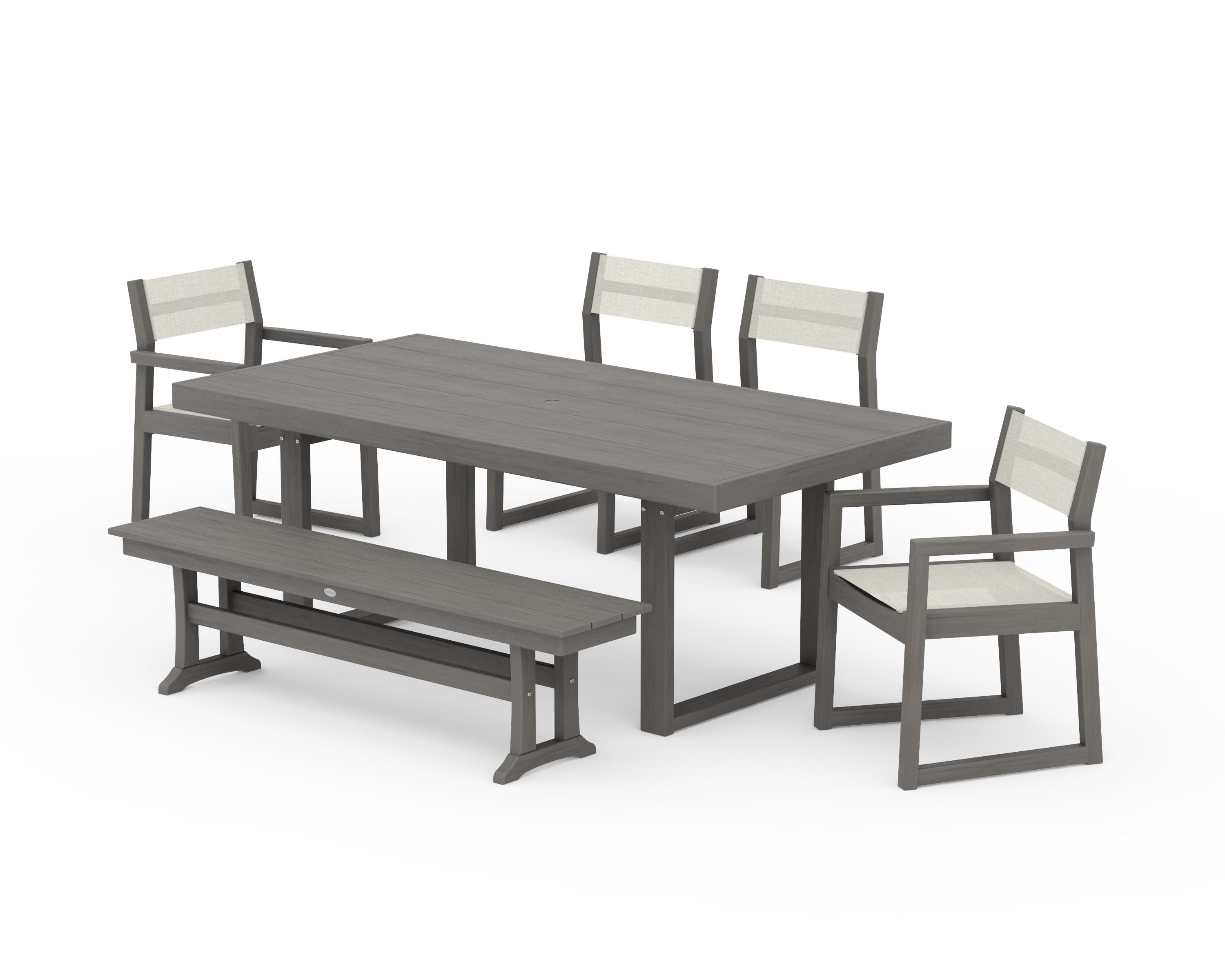 POLYWOOD EDGE Sling 6-Piece Dining Set with Bench in Driftwood / Parchment Sling