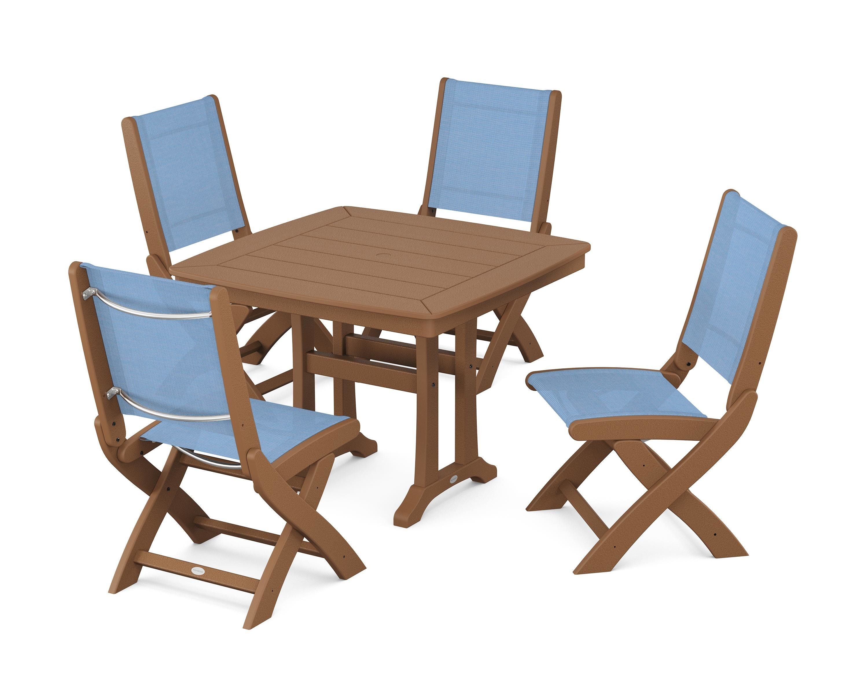 POLYWOOD Coastal Folding Side Chair 5-Piece Dining Set with Trestle Legs in Teak / Poolside Sling