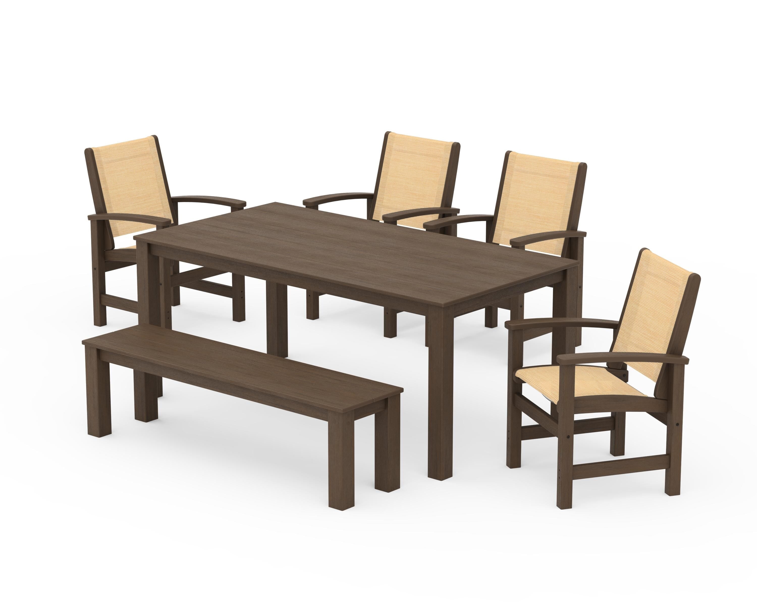 POLYWOOD Coastal 6-Piece Parsons Dining Set with Bench in Kona / Dupioni Apricot Sling