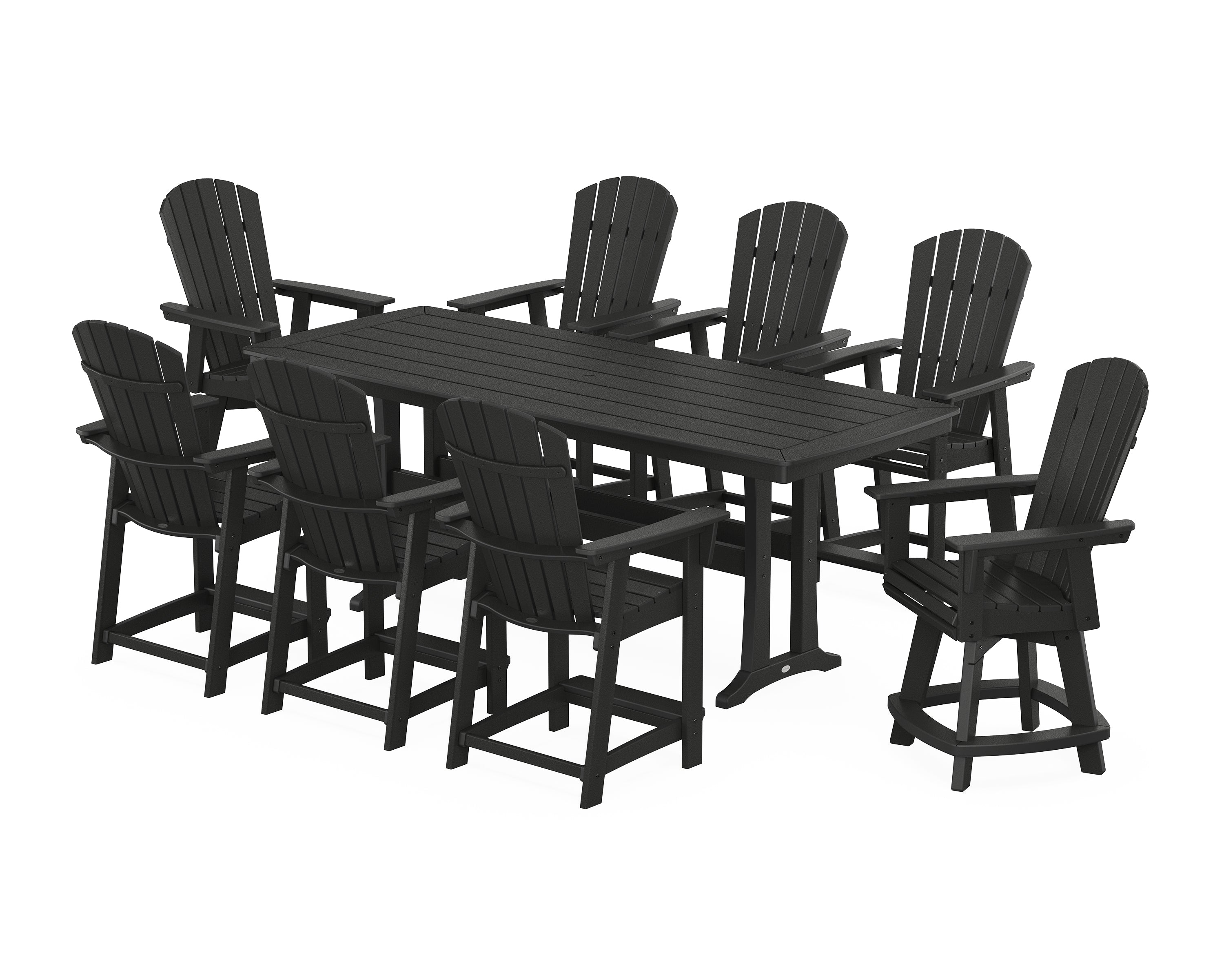 POLYWOOD® Nautical Curveback Adirondack Swivel 9-Piece Counter Set with Trestle Legs in Black