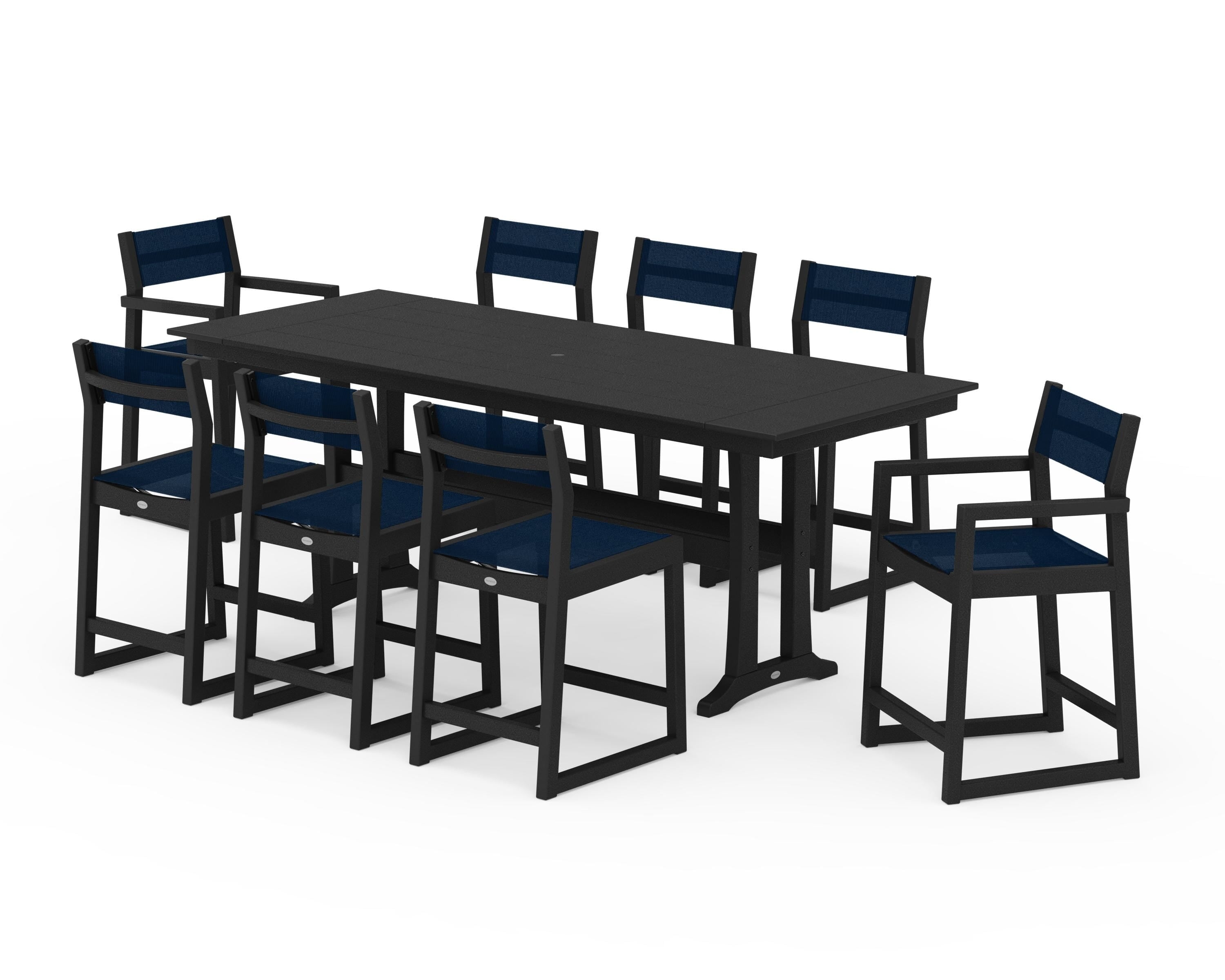 POLYWOOD EDGE Sling 9-Piece Farmhouse Counter Set with Trestle Legs in Black / Navy Blue Sling