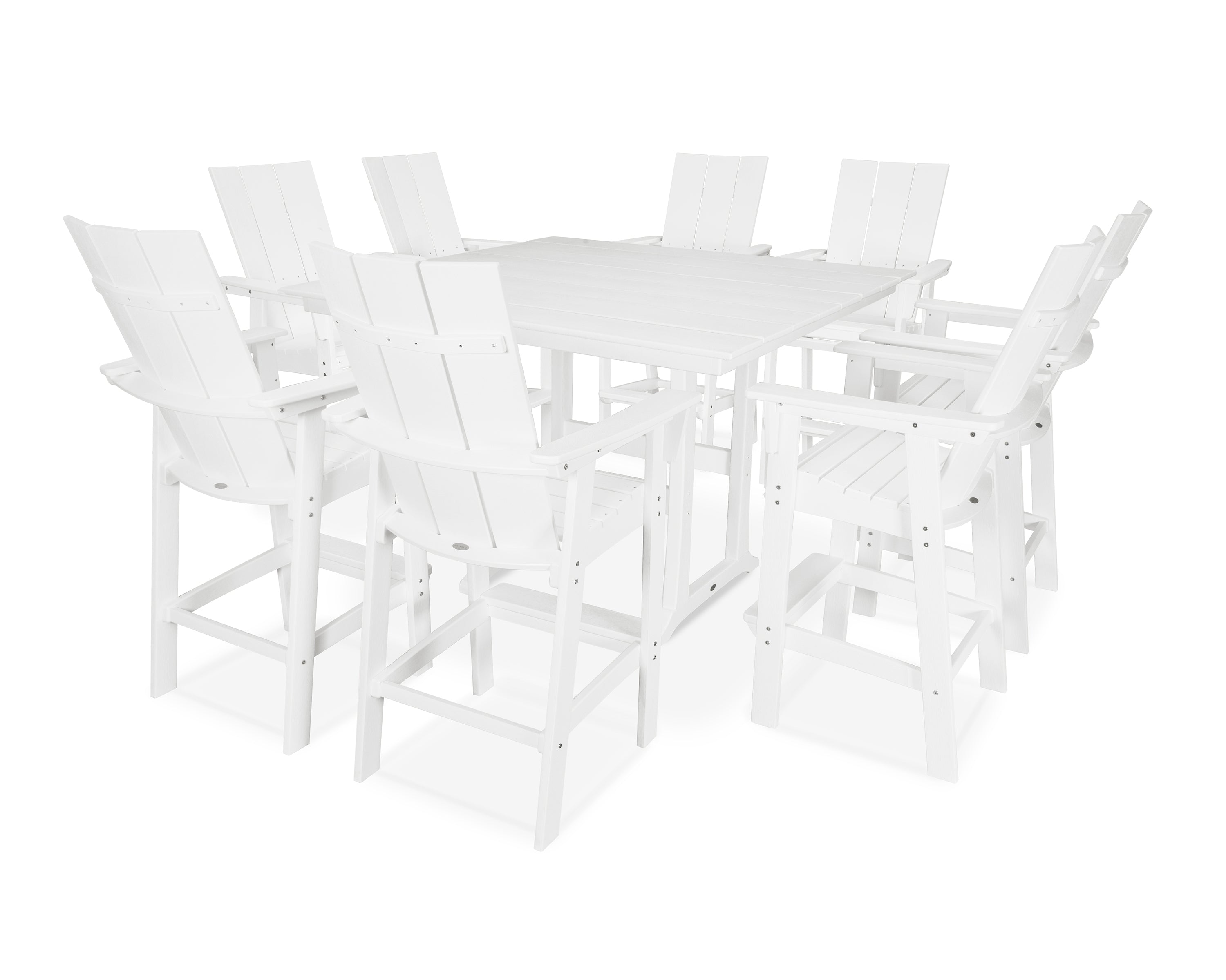 POLYWOOD® Modern Curveback Adirondack 9-Piece Farmhouse Trestle Bar Set in White