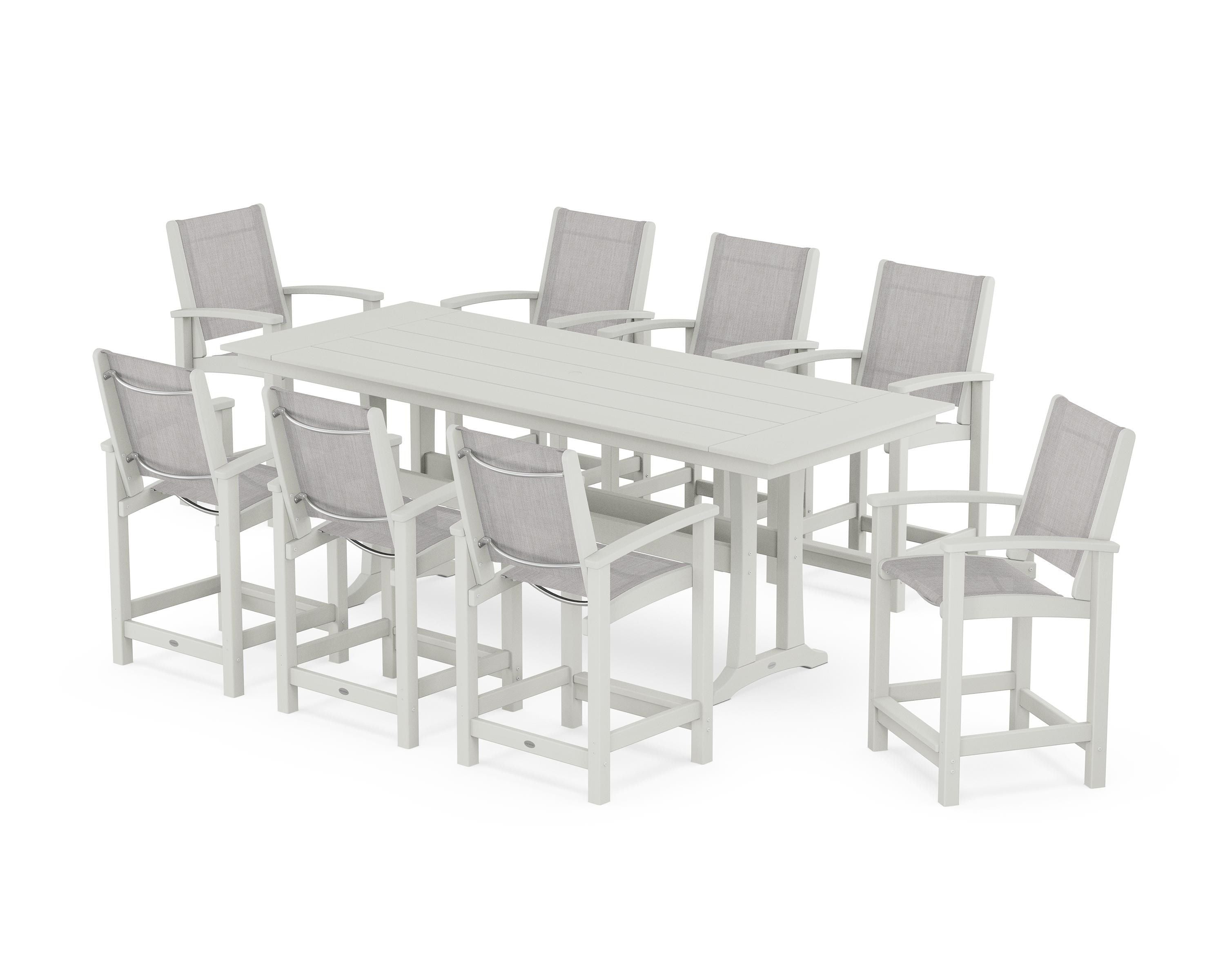 POLYWOOD Coastal 9-Piece Farmhouse Counter Set with Trestle Legs in Vintage White / Parchment Sling