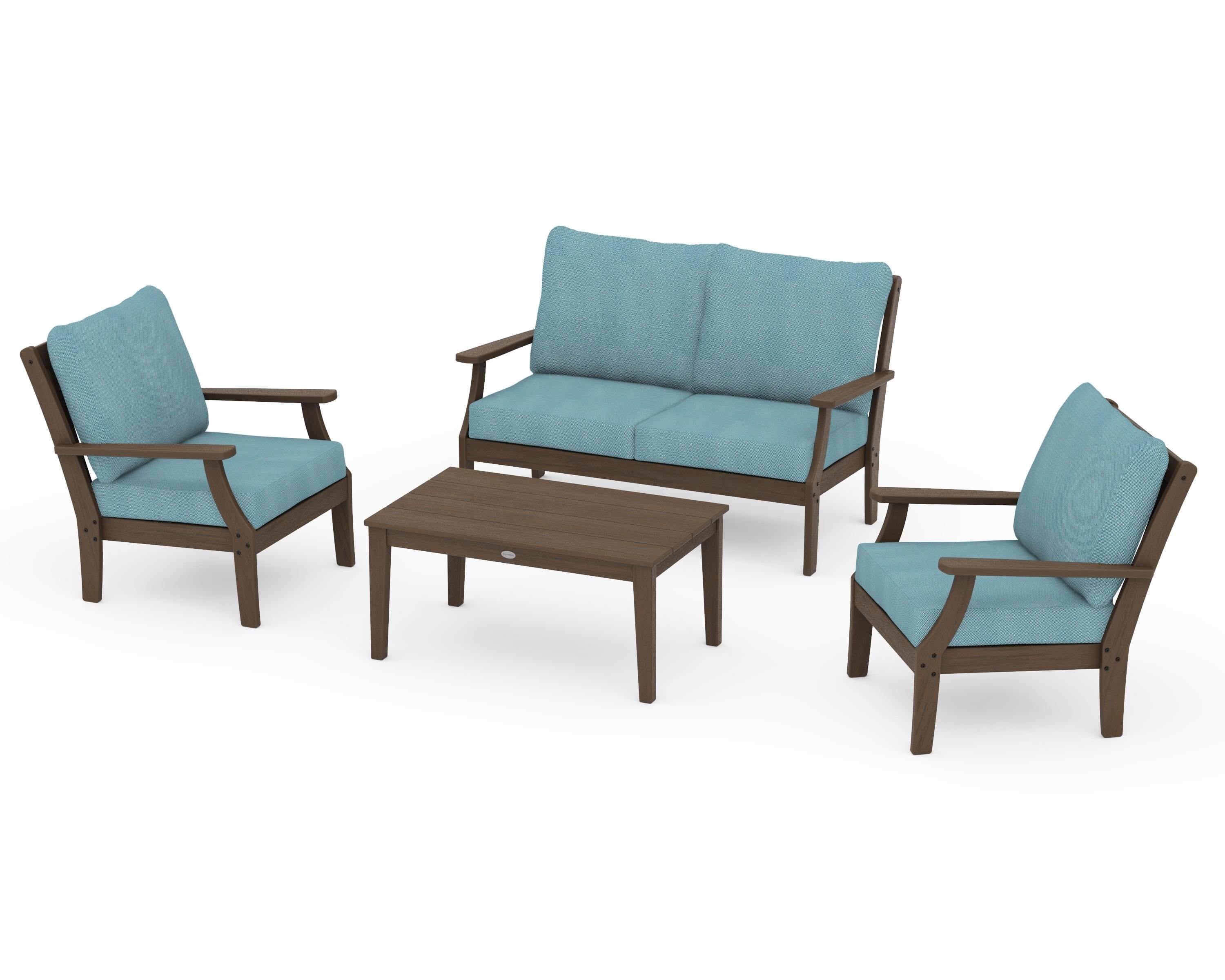 POLYWOOD Braxton 4-Piece Deep Seating Chair Set in Kona / Lattice Sky Blue