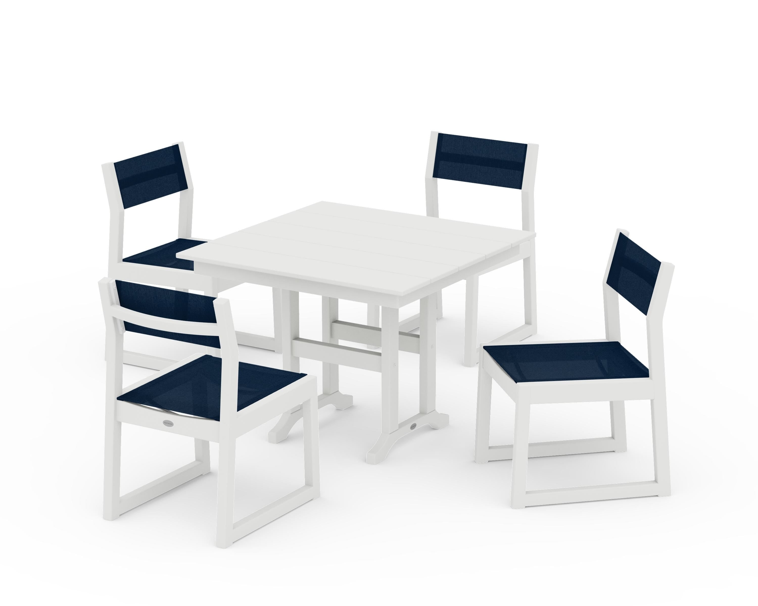 POLYWOOD EDGE Sling Side Chair 5-Piece Farmhouse Dining Set in Vintage White / Navy Blue Sling