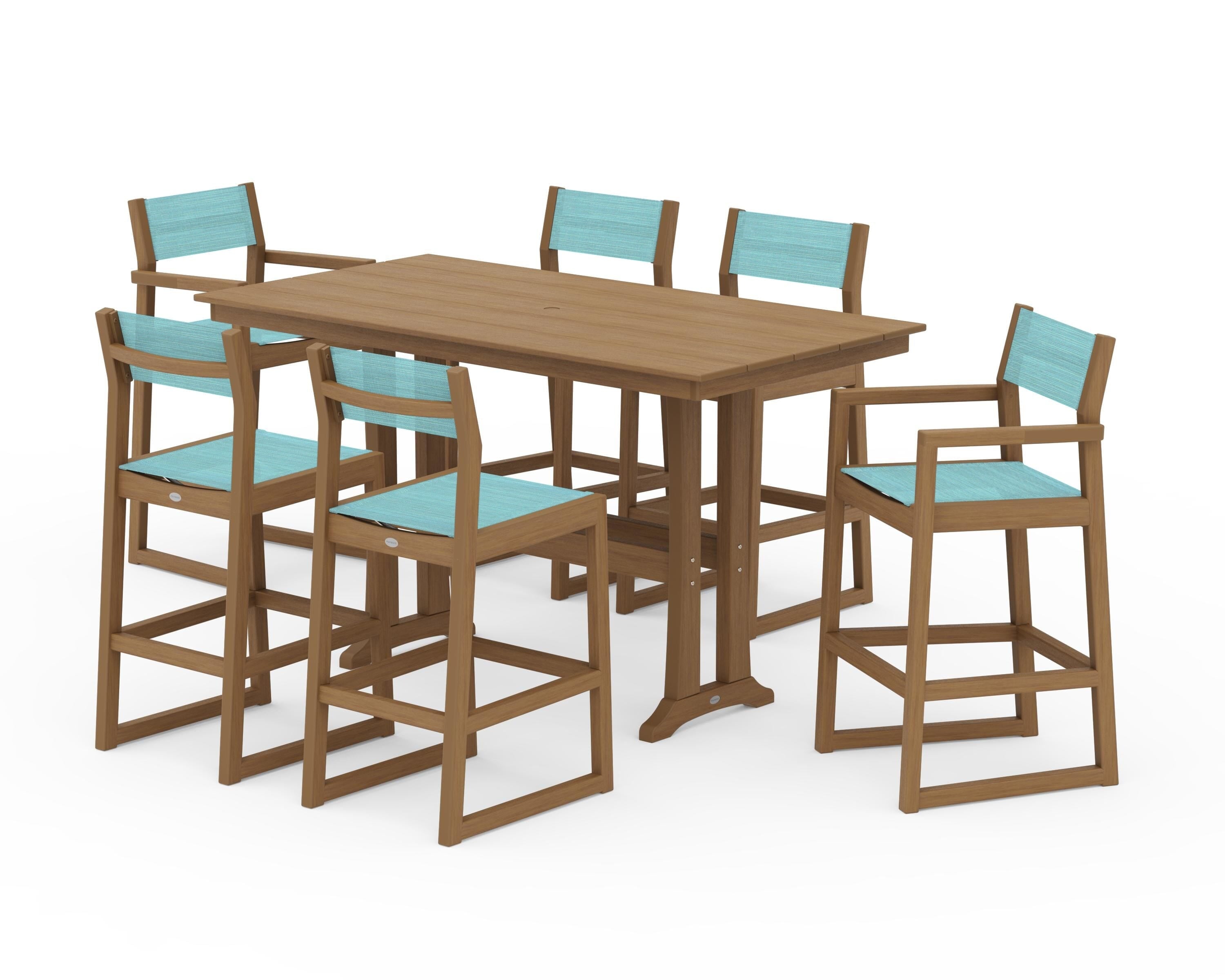 POLYWOOD EDGE Sling 7-Piece Farmhouse Bar Set with Trestle Legs in Natural / Dupioni Aquamarine Sling