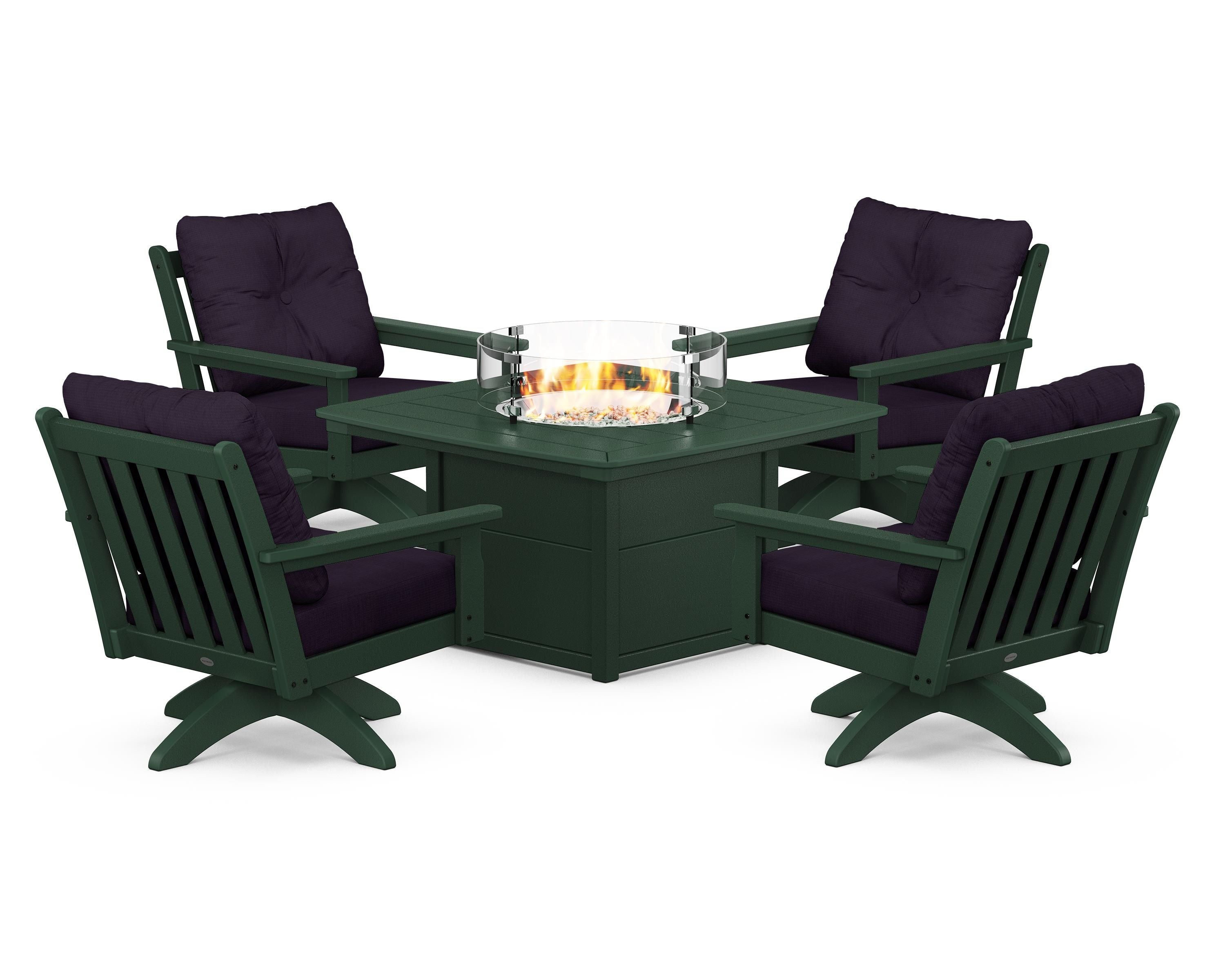 POLYWOOD Vineyard 5-Piece Deep Seating Swivel Conversation Set with Fire Pit Table in Green / Navy Linen