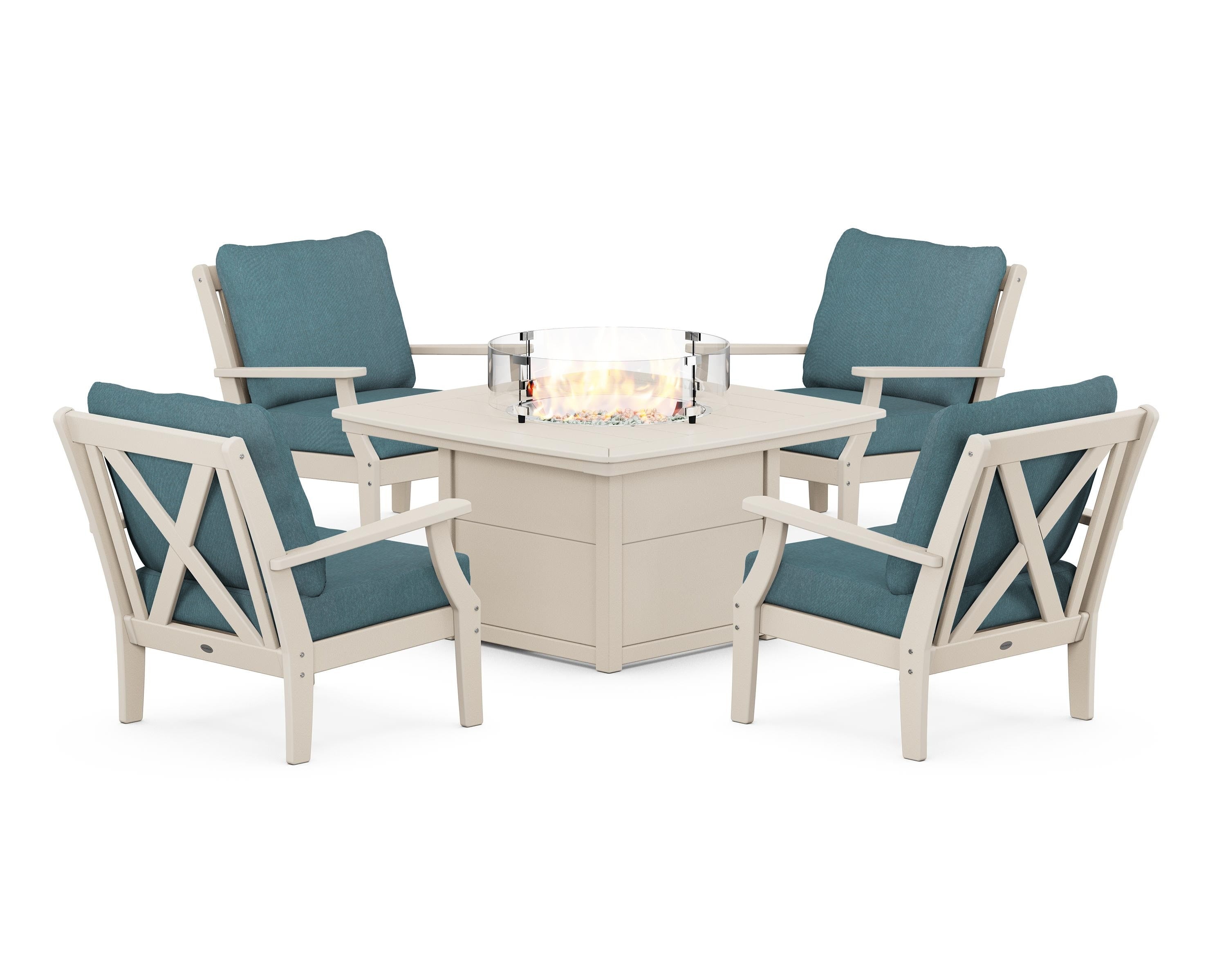 POLYWOOD Braxton 5-Piece Deep Seating Conversation Set with Fire Pit Table in Sand / Ocean Teal