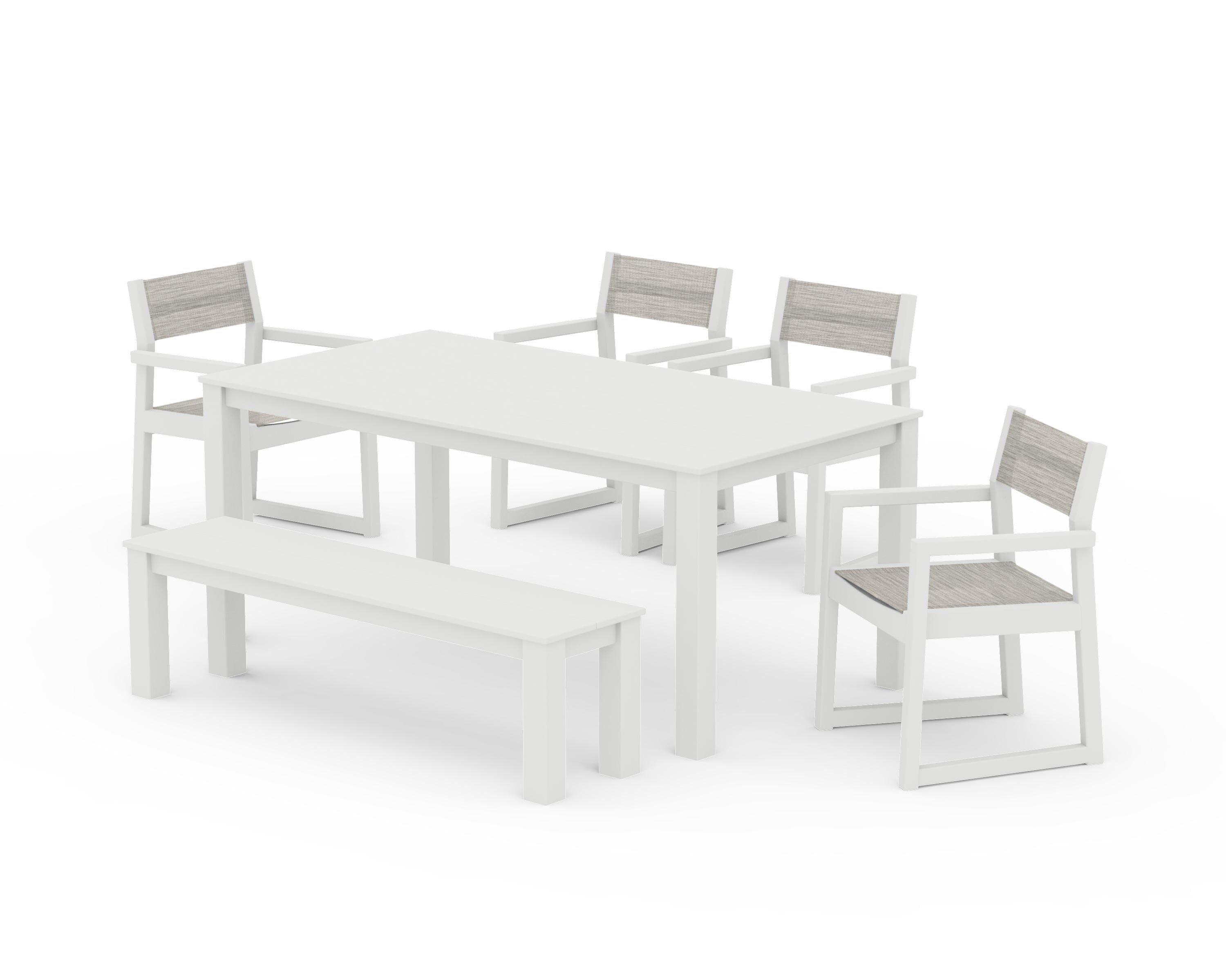 POLYWOOD EDGE Sling Arm Chair 6-Piece Parsons Dining Set with Bench in Vintage White / Birch Sling