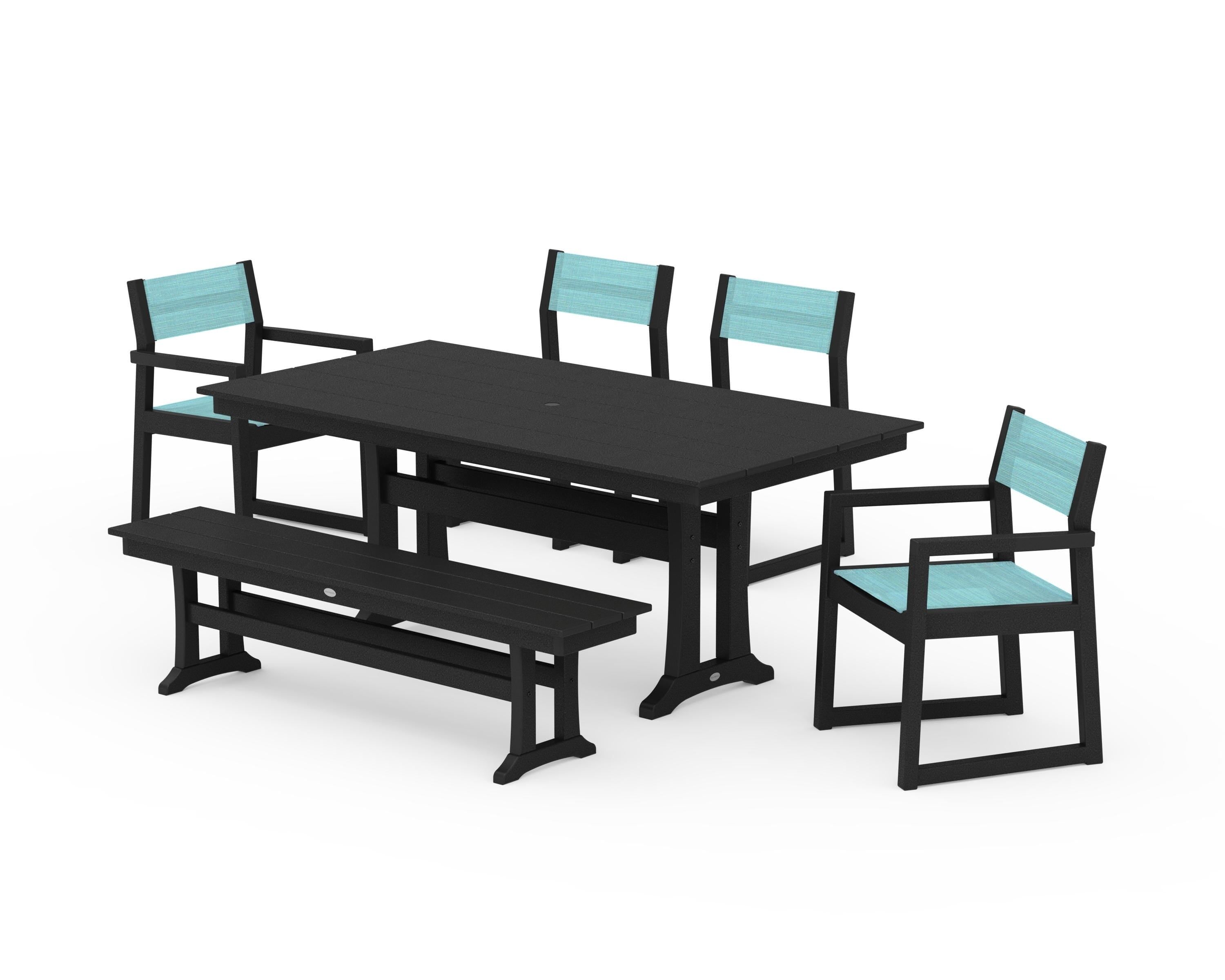 POLYWOOD EDGE Sling 6-Piece Farmhouse Dining Set With Trestle Legs in Black / Dupioni Aquamarine Sling