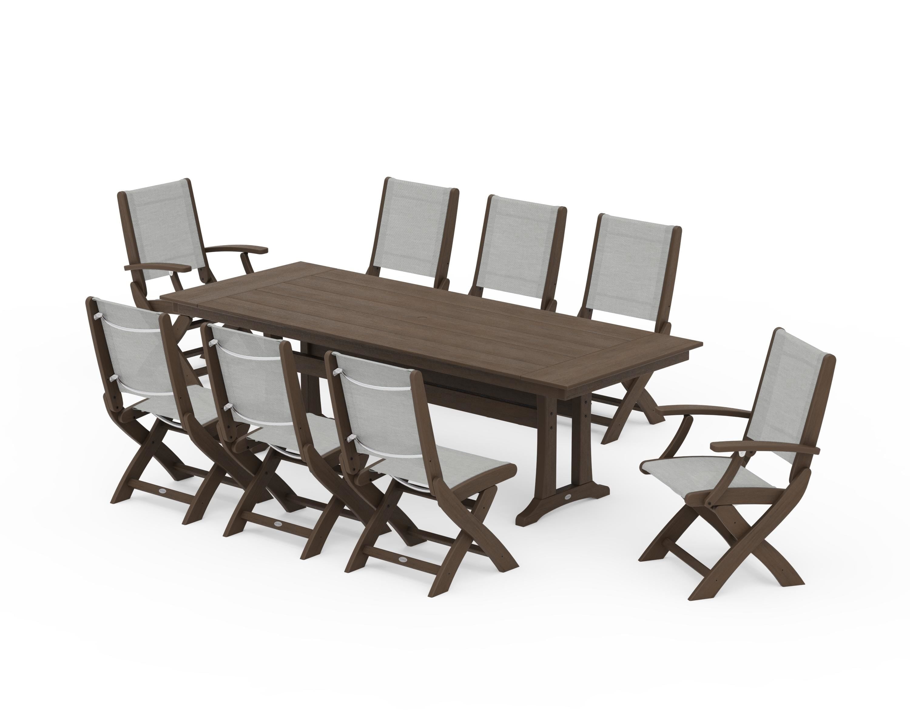 POLYWOOD Coastal 9-Piece Folding Dining Chair Farmhouse Dining Set with Trestle Legs in Kona / Metallic Sling