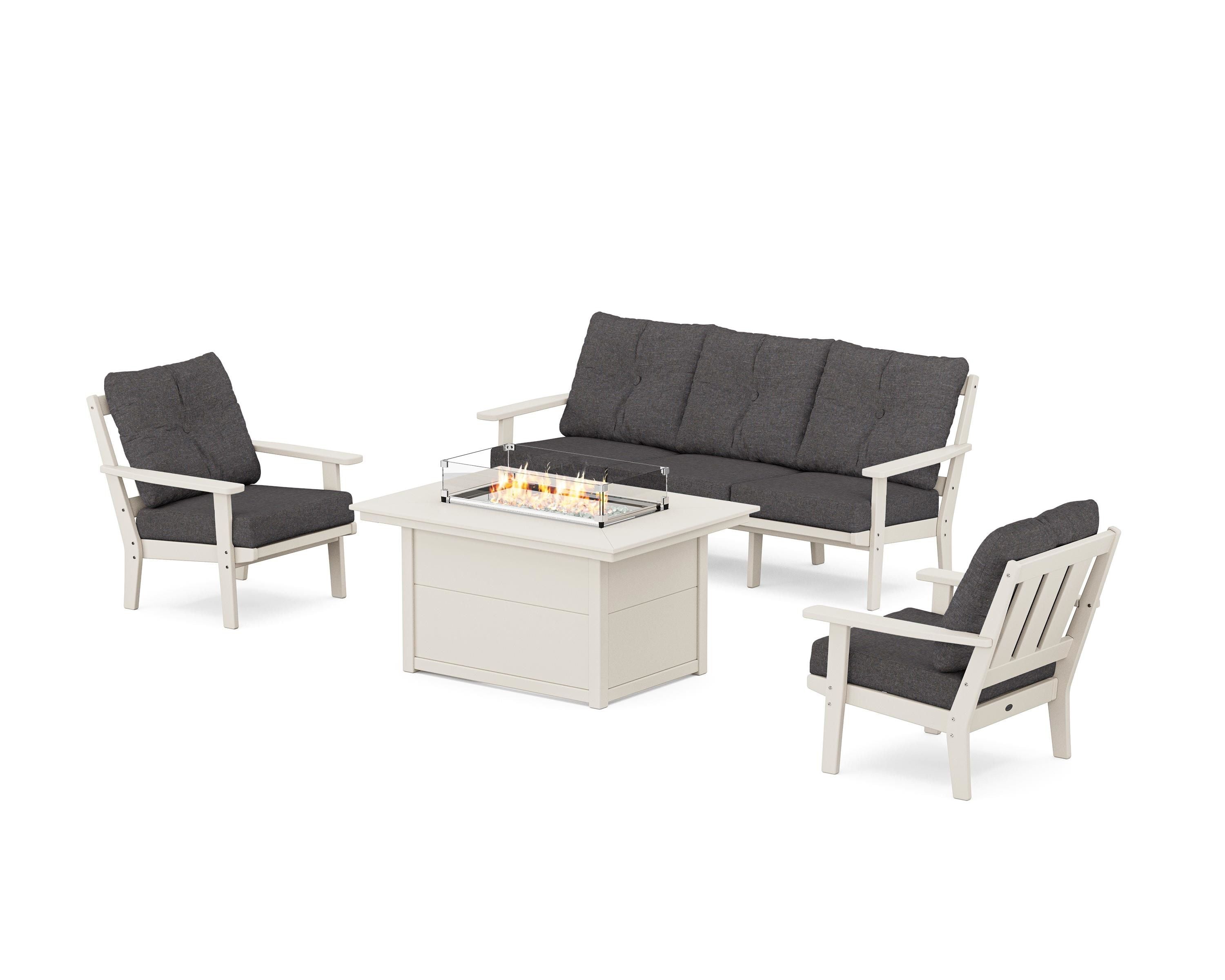 POLYWOOD Oxford Deep Seating Fire Pit Table Set in Sand / Ash Charcoal