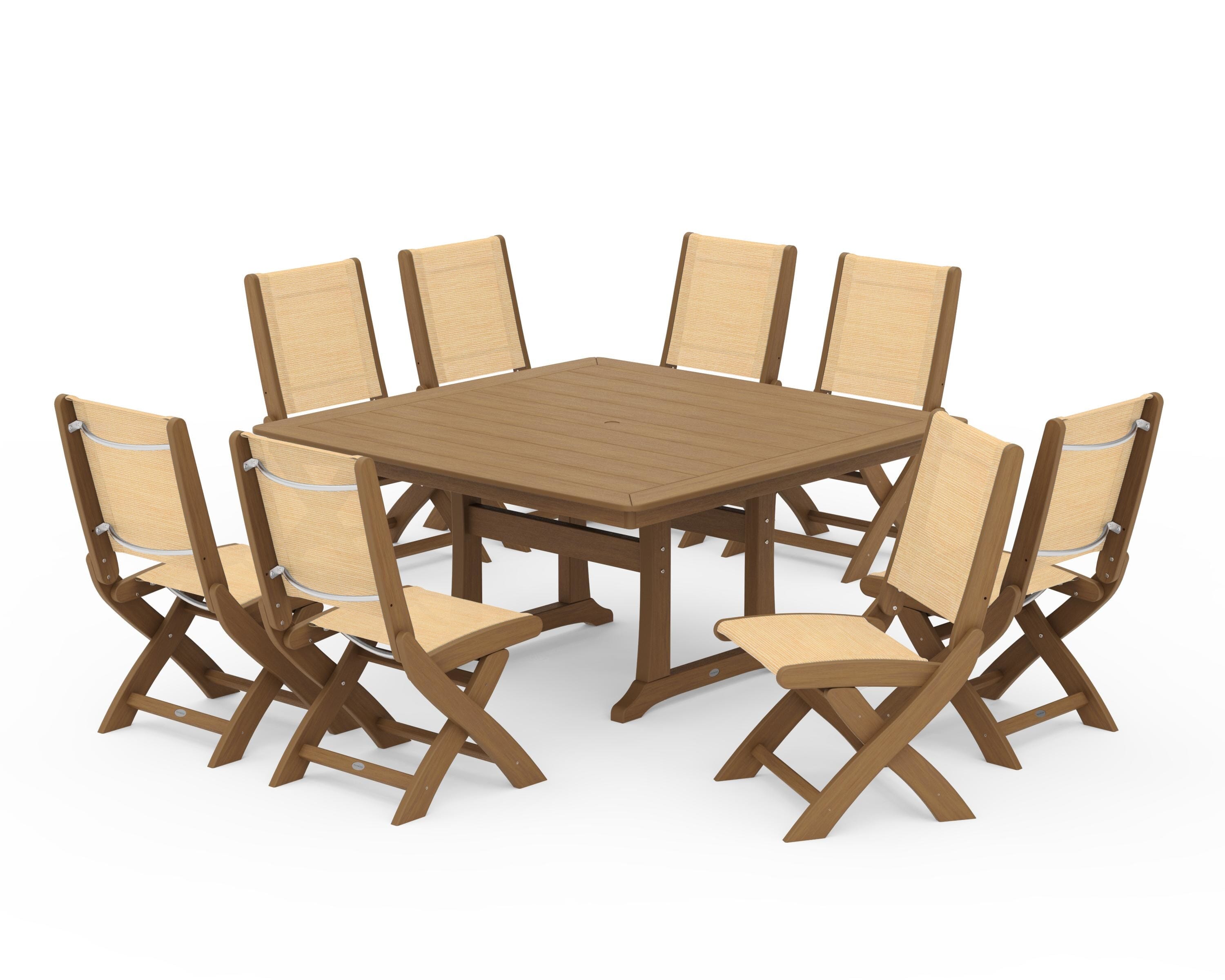POLYWOOD Coastal Folding Side Chair 9-Piece Dining Set with Trestle Legs in Natural / Dupioni Apricot Sling