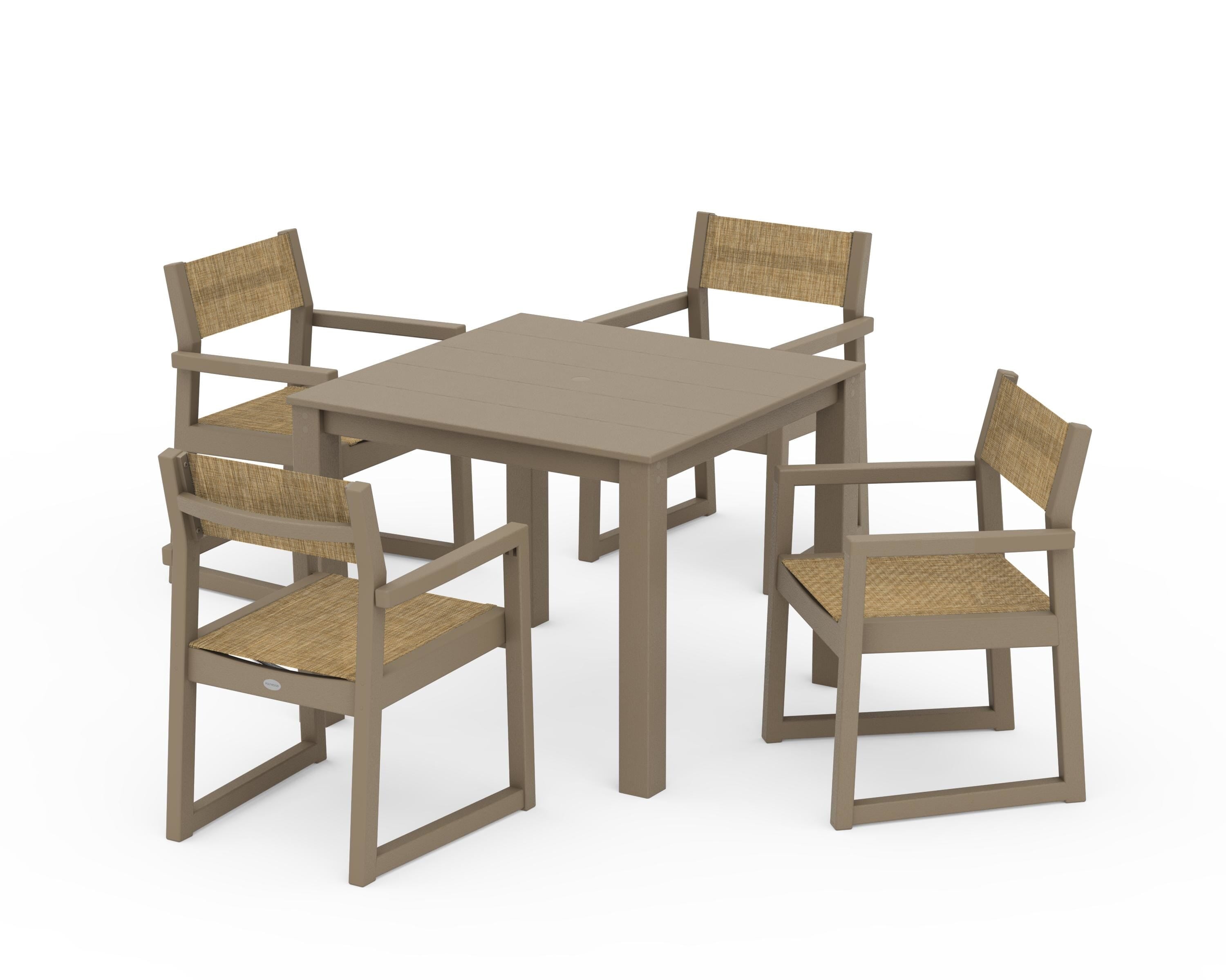 POLYWOOD EDGE Sling Arm Chair 5-Piece Parsons Dining Set in Vintage Sahara / Burlap Sling