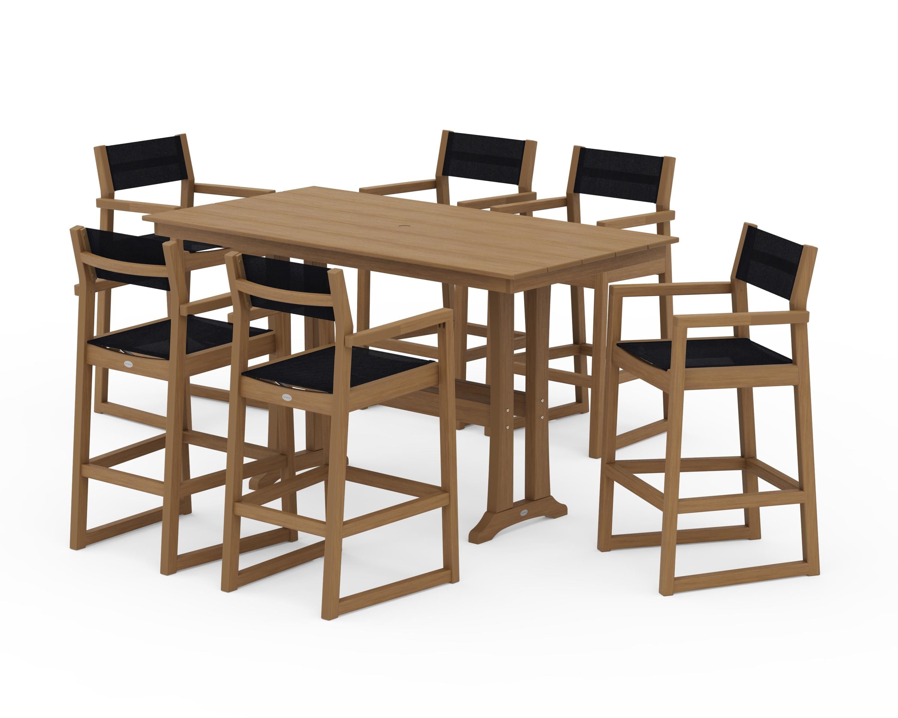 POLYWOOD EDGE Sling Arm Chair 7-Piece Farmhouse Bar Set with Trestle Legs in Natural / Black Sling