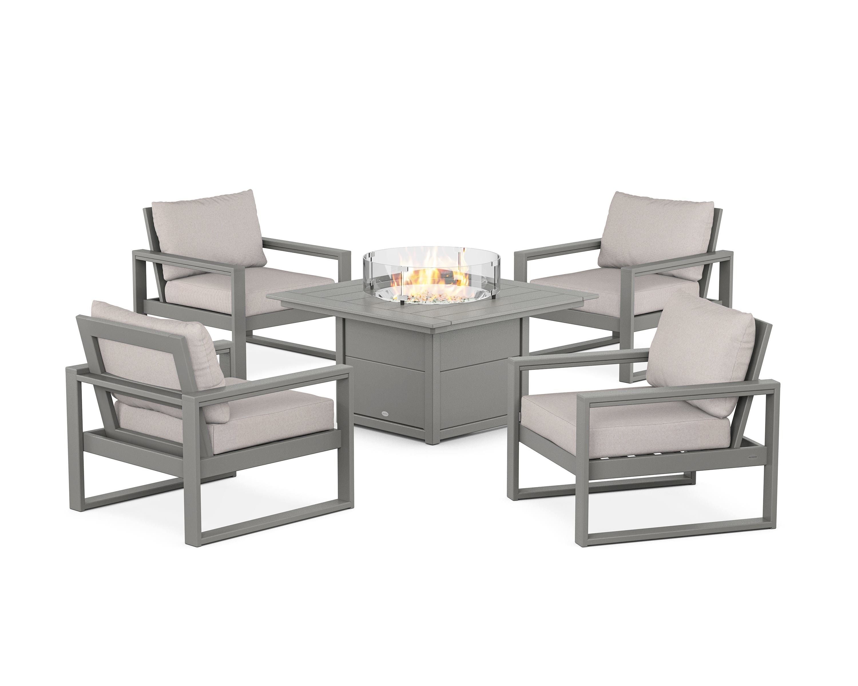 POLYWOOD EDGE Sectional 5-Piece Deep Seating Set with Fire Pit Table in Slate Grey / Dune Burlap