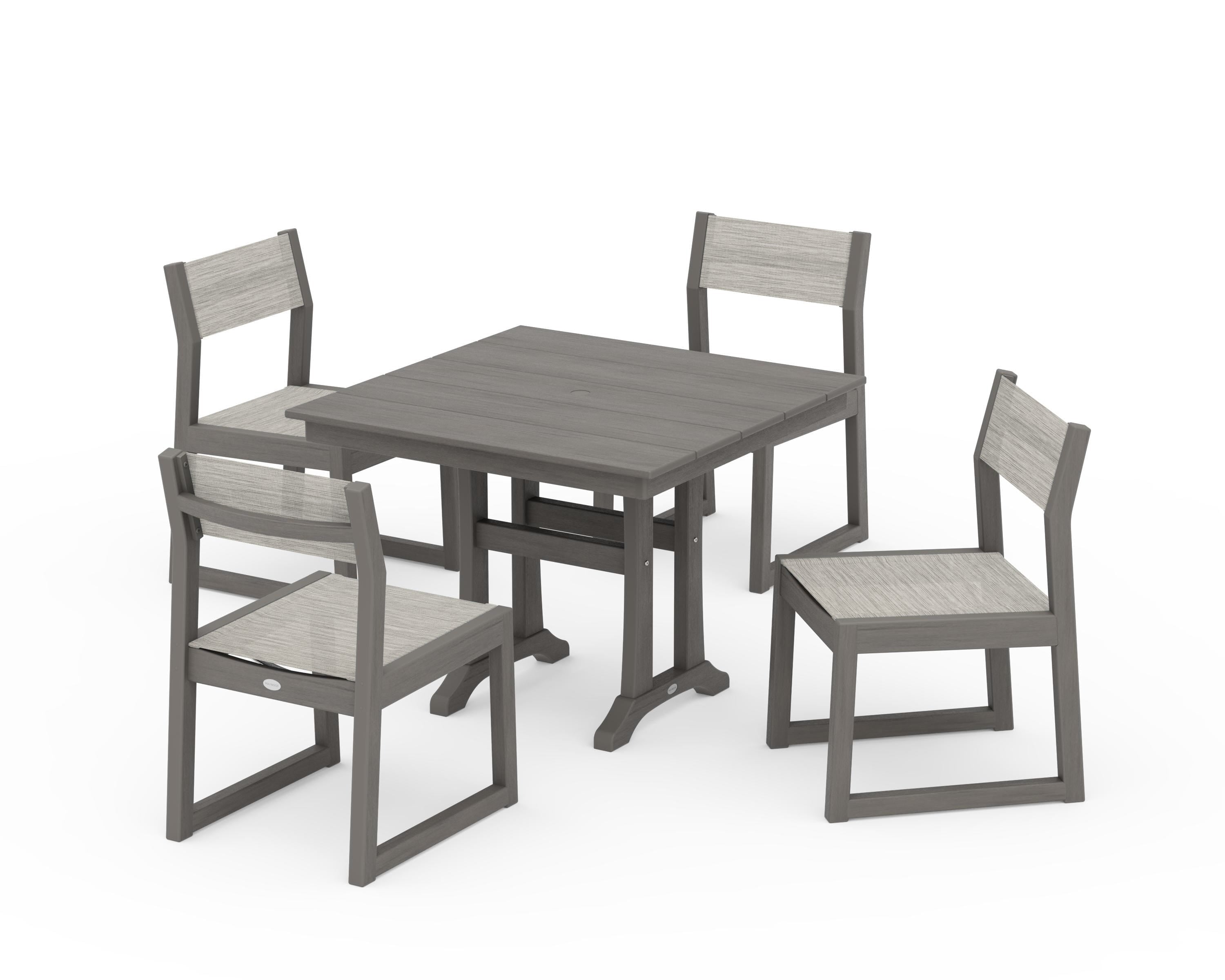 POLYWOOD EDGE Sling 5-Piece Farmhouse Trestle Side Chair Dining Set in Driftwood / Birch Sling