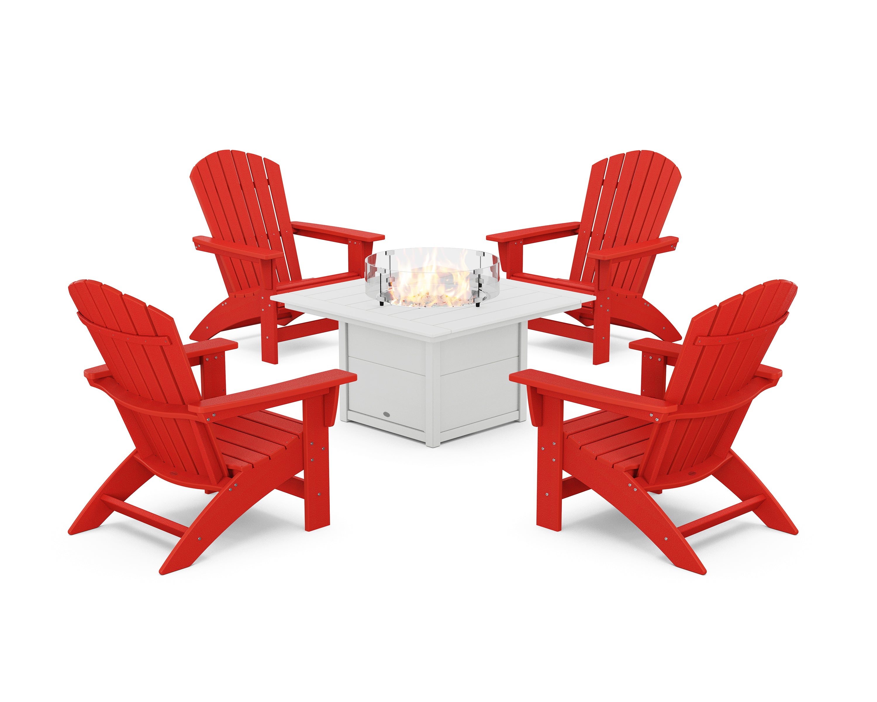 POLYWOOD 5-Piece Nautical Grand Adirondack Conversation Set with Fire Pit Table in Sunset Red / White