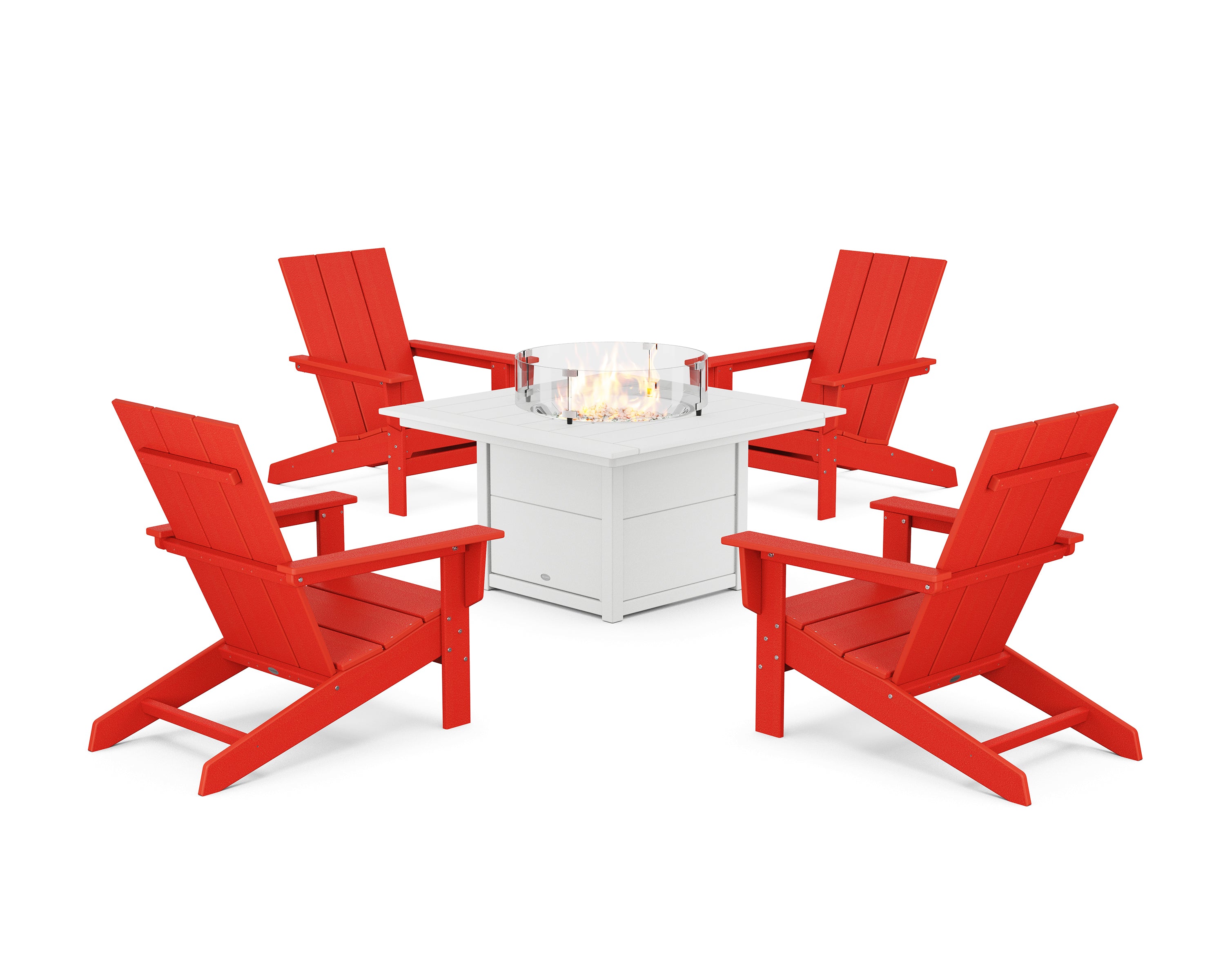 POLYWOOD 5-Piece Modern Studio Adirondack Conversation Set with Fire Pit Table in Sunset Red / White