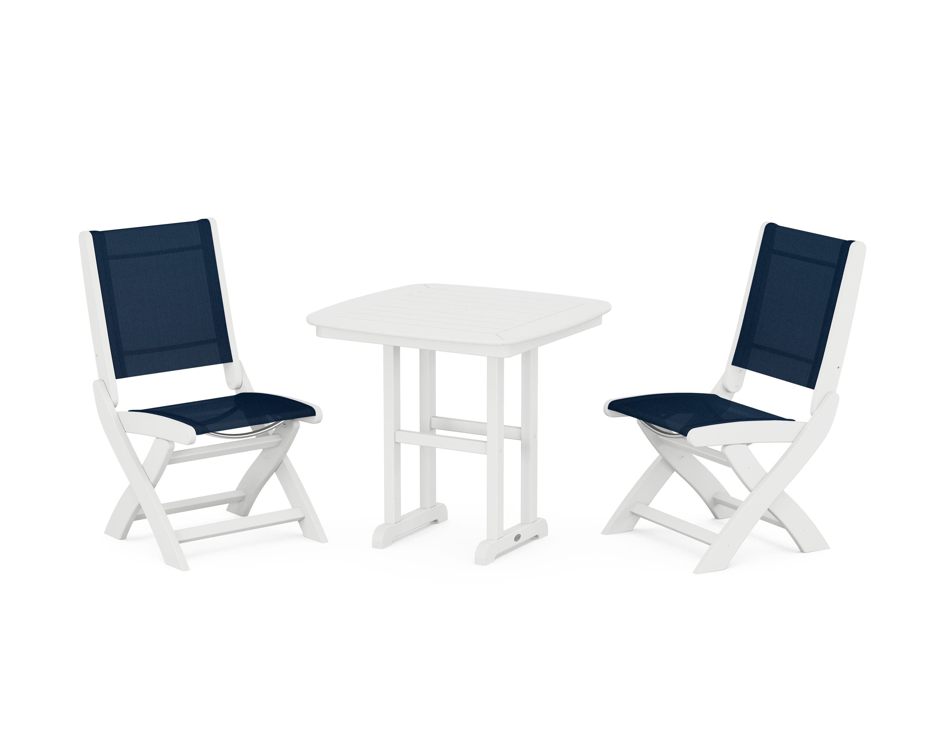 POLYWOOD Coastal Folding Side Chair 3-Piece Dining Set in White / Navy Blue Sling
