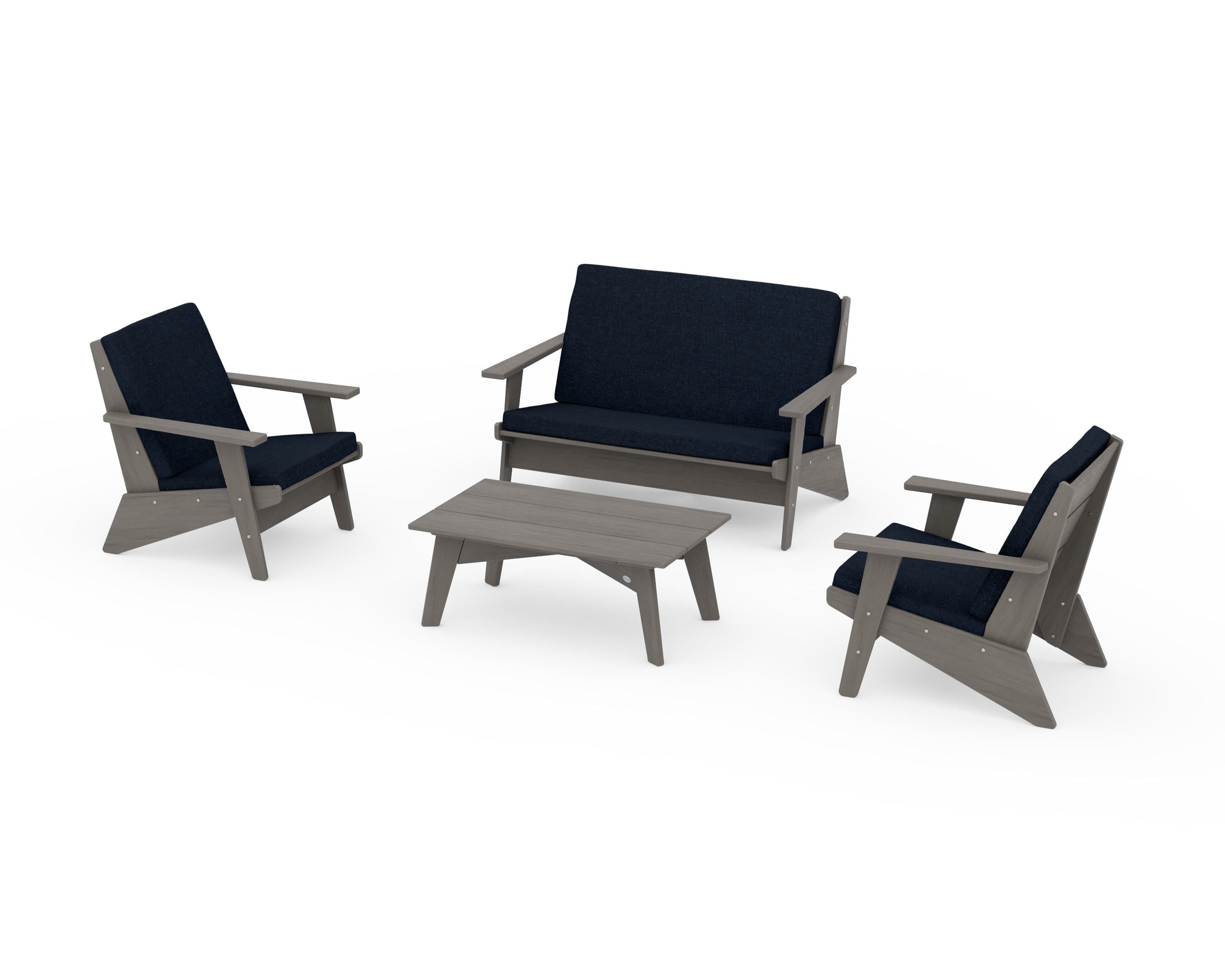 POLYWOOD Riviera Modern Lounge 4-Piece Set in Driftwood / Marine Indigo