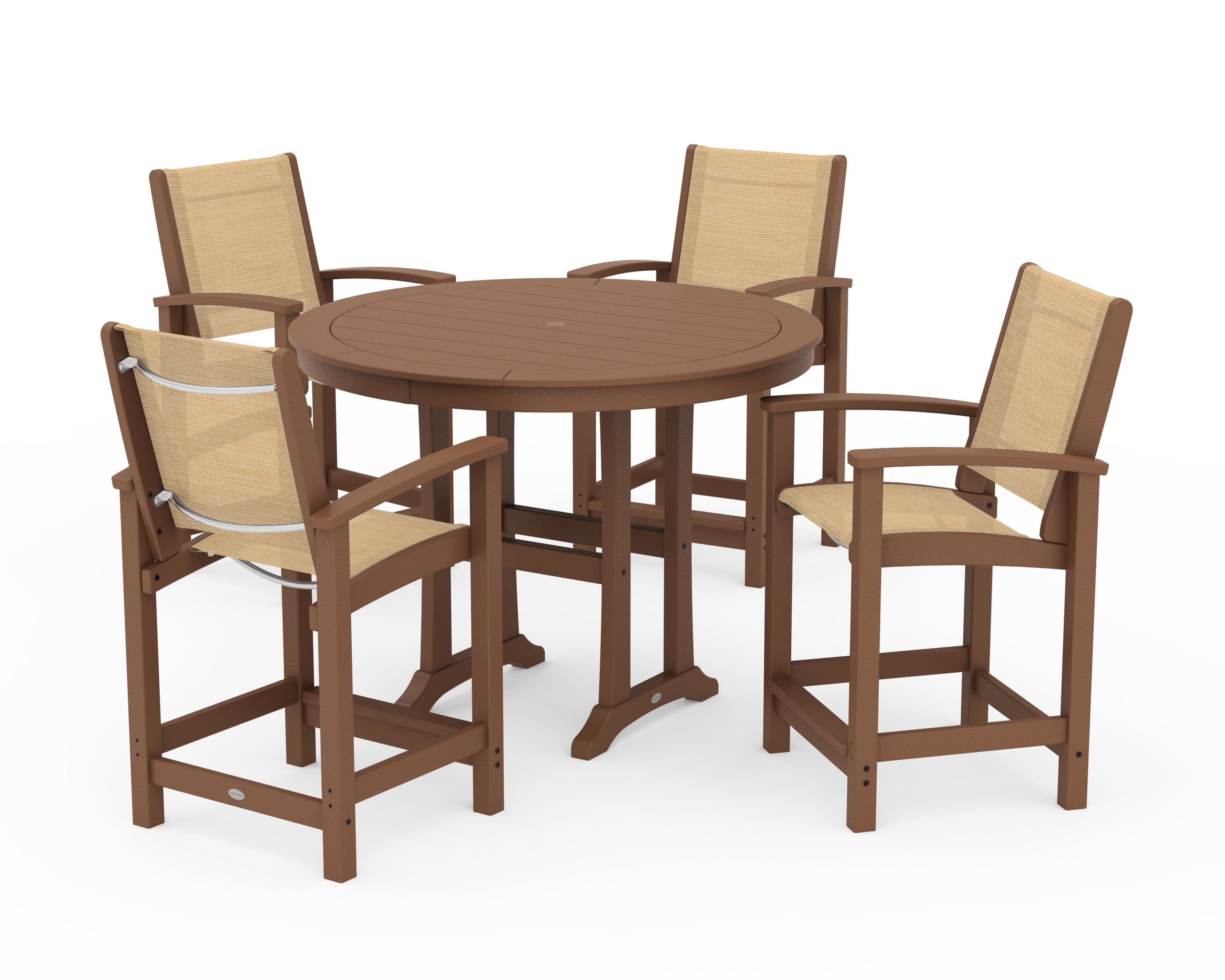 POLYWOOD Coastal 5-Piece Counter Set in Teak / Dupioni Apricot Sling