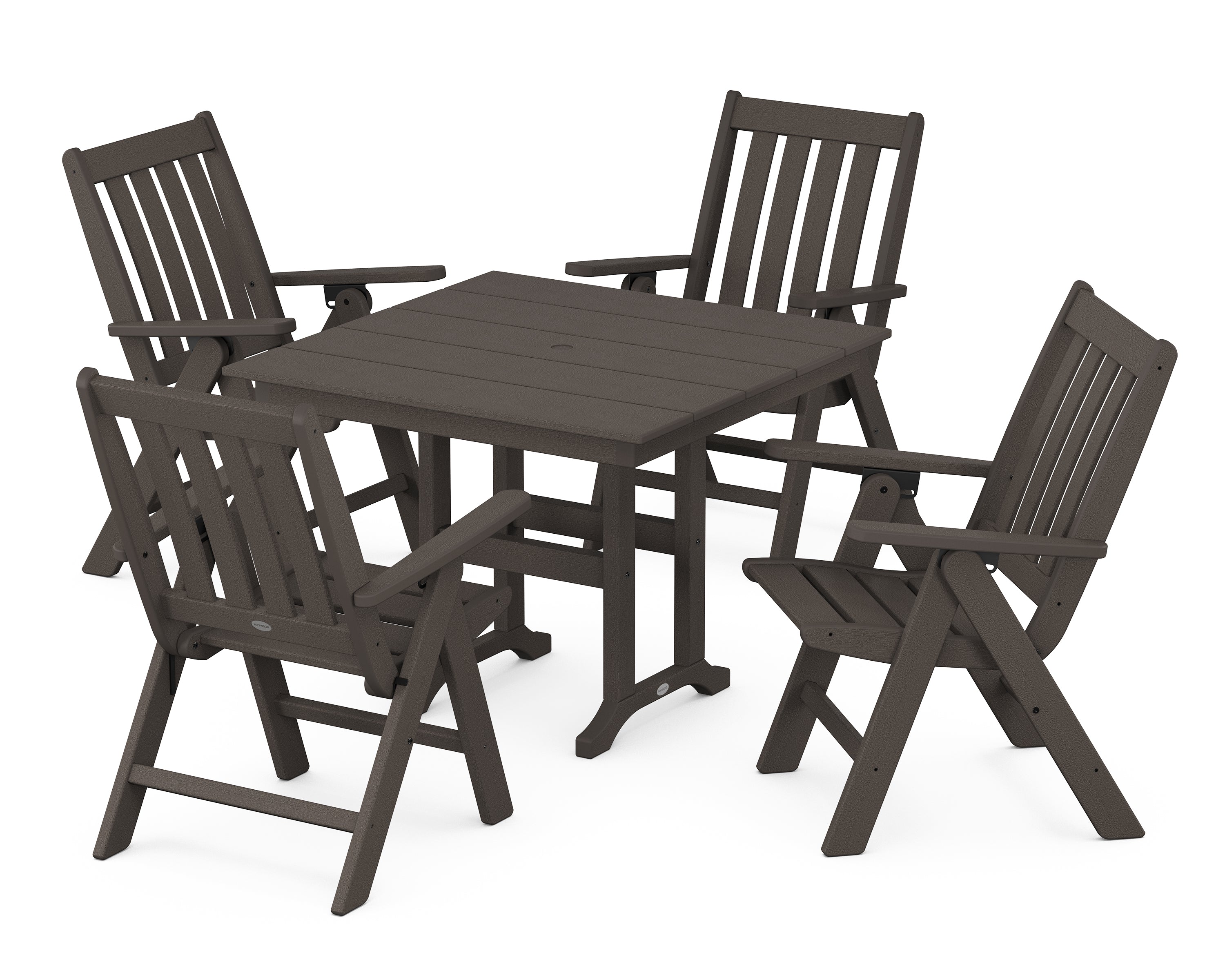 POLYWOOD Vineyard Folding Chair 5-Piece Farmhouse Dining Set in Vintage Coffee
