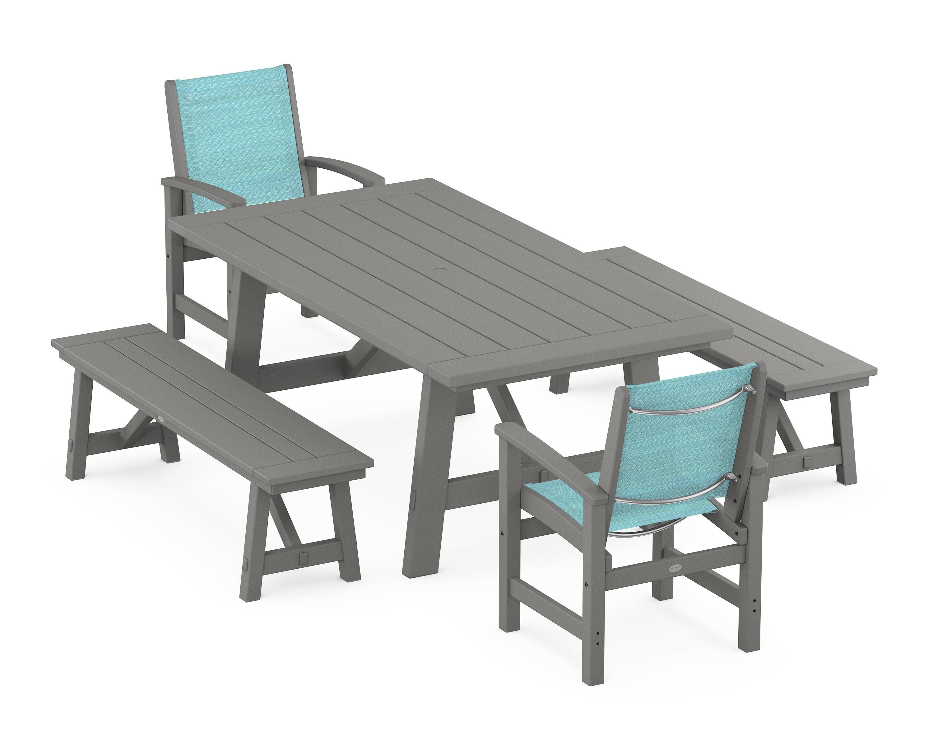 POLYWOOD Coastal 5-Piece Rustic Farmhouse Dining Set With Benches in Slate Grey / Dupioni Aquamarine Sling