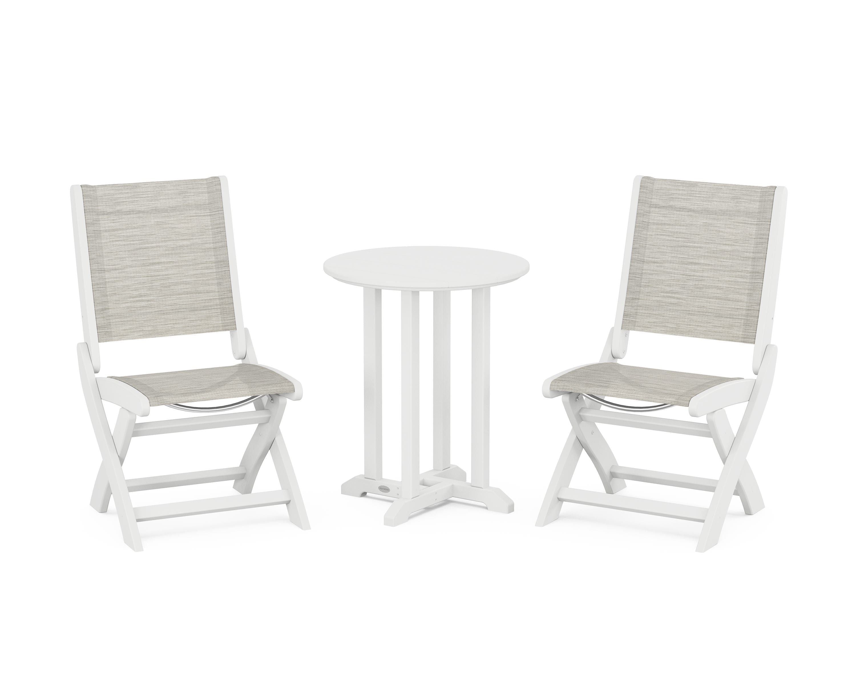 POLYWOOD Coastal Folding Side Chair 3-Piece Round Bistro Dining Set in White / Birch Sling