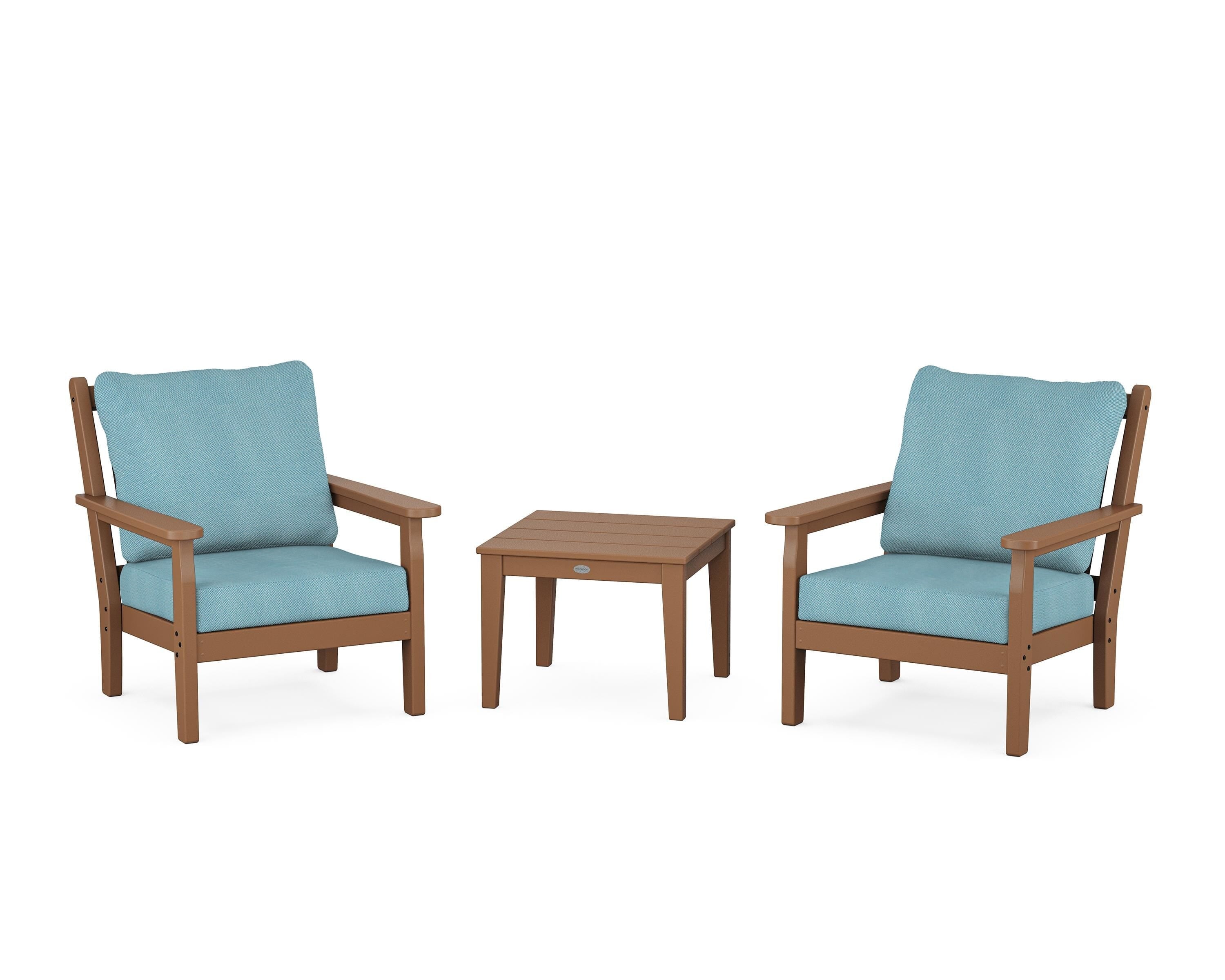 POLYWOOD Chippendale 3-Piece Deep Seating Set in Teak / Lattice Sky Blue