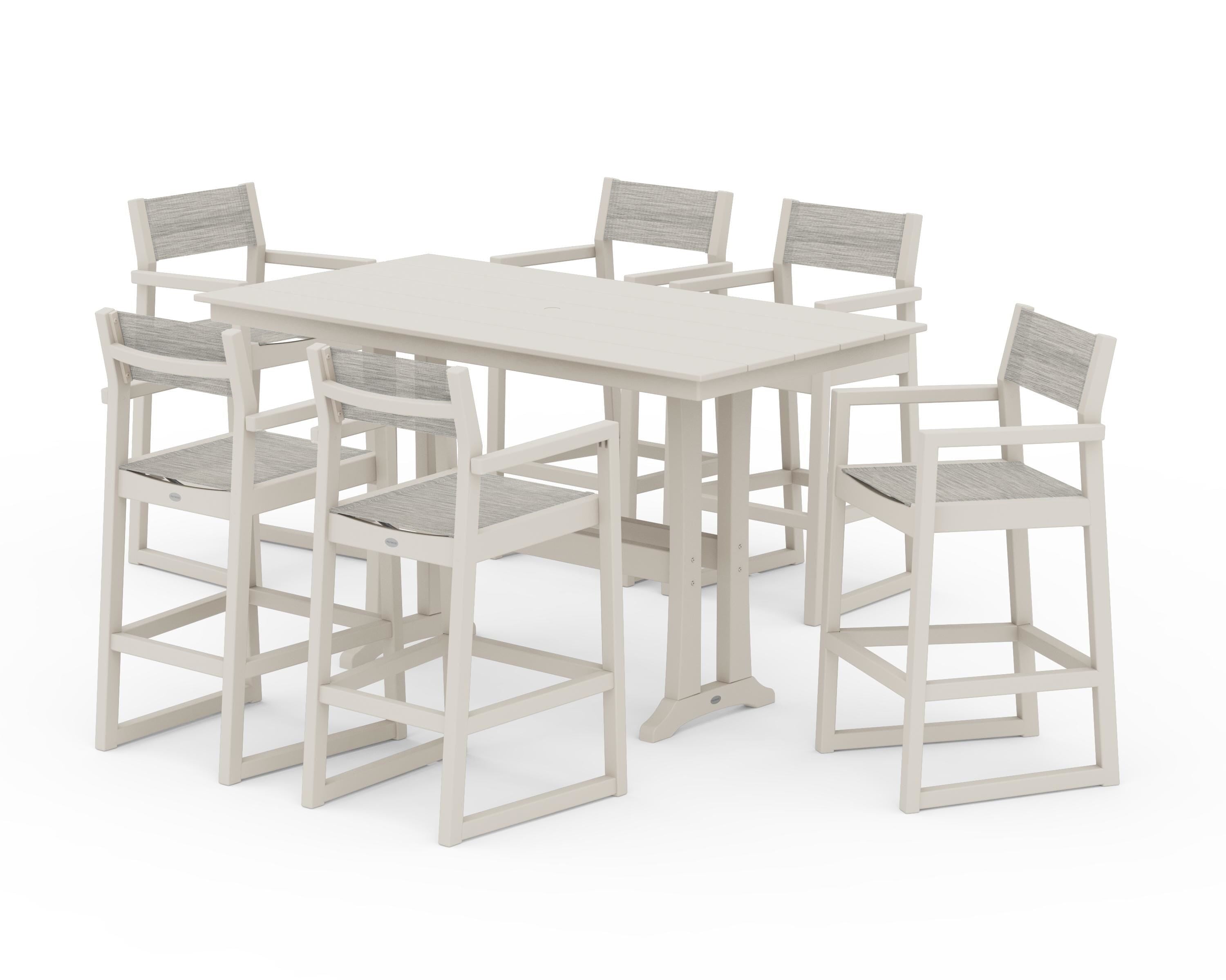 POLYWOOD EDGE Sling Arm Chair 7-Piece Farmhouse Bar Set with Trestle Legs in Sand / Birch Sling